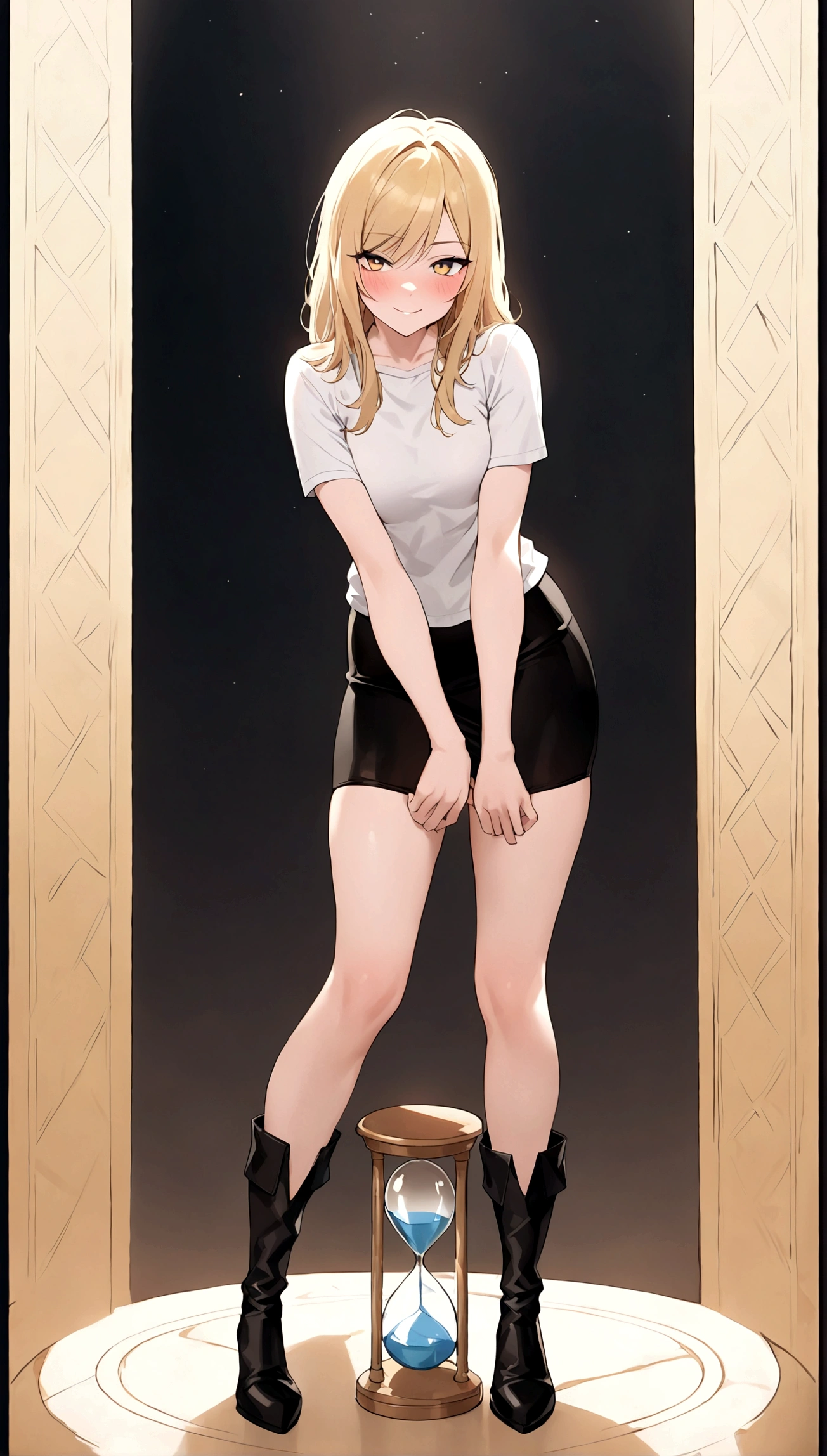 professional, (4k-photo:1.1) By (JeremyLipking:0.3), (Dietman Anna:0.3), (arian mark:0.3), (Sharp focus:1.3), High detail, Wearing (Low-top shirts:1.2), Beautiful detailed face, browneyes, Long blonde hair, (Attractive young woman:1.3), (Seductive:1.1), (Blushing:1.1), Hourglass body type, great circle, Wide buttock, blonde goddess, tight costume, tight attire, seductive grin smile, Pretty face, Perfect white haired girl, satisfied pose, cute seductive smile, beautiful blonde girl, Good young girl, Beautiful angle, Attractive pose, Cute girl, Sexy pose, gorgeous blonde, Full body picture, full bodyesbian, full body shot of, Wearing a black skirt and boots