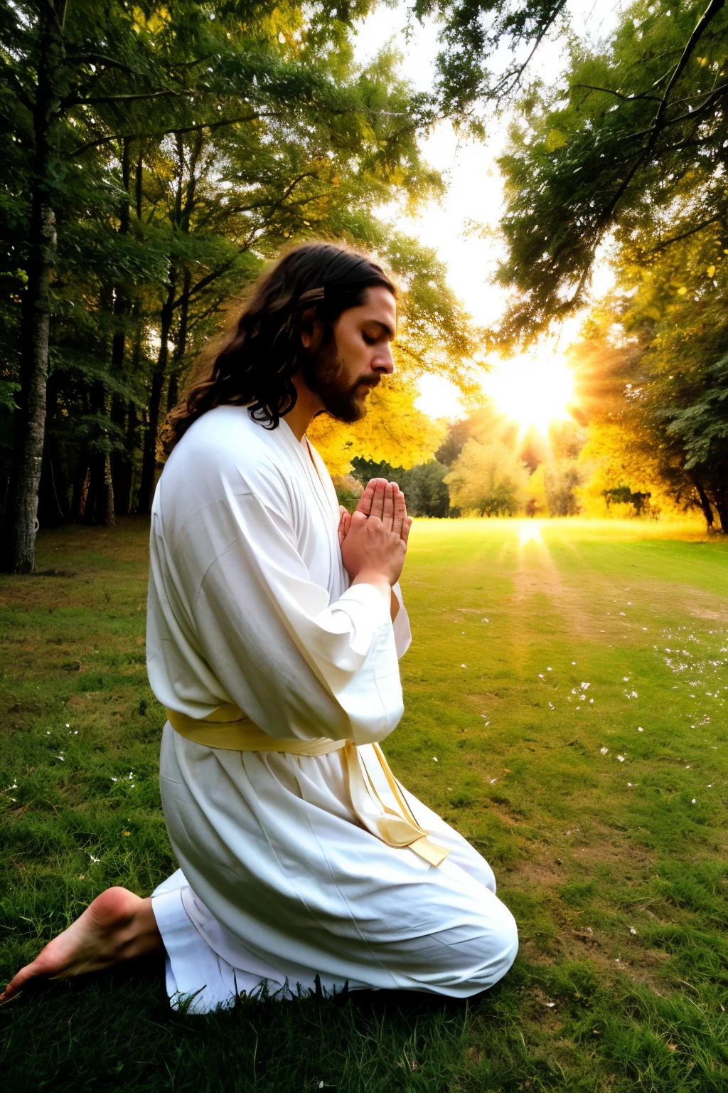 Imagine uma cena tranquila ao entardecer, with the sky dyed orange and purple. Jesus Christ is kneeling in a garden, your white robes shining softly in the dusk light. Ao seu redor, There is an atmosphere of peace and serenity, with flowers and trees swaying gently in the wind.

Jesus has his hands together, eyes closed and expression of deep concentration and devotion. His lips move silently as he prays, and a sense of calm and holiness emanates from him. Perto, pode-se ouvir o som suave de um riacho correndo, and the birds singing in the trees.

Ao fundo, there is a feeling of divine presence, as if a soft golden light was descending from the heavens, enveloping Jesus in a heavenly embrace. The entire scene is serenely beautiful., conveying a deep sense of spirituality and connection with the divine.

