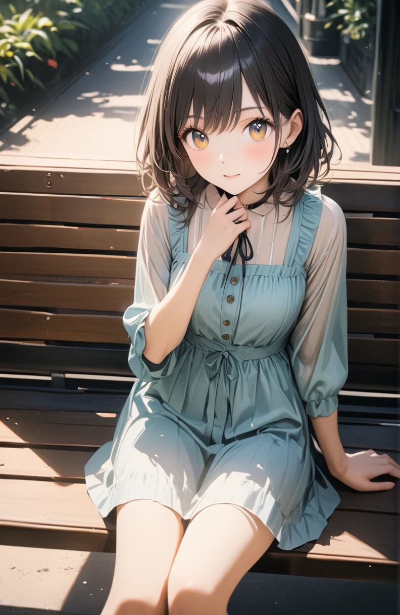 a beautiful girl sitting on a bench at an amusement park on a sunny day, wearing a cute outfit, with gentle colors, high resolution, attention to detail, masterpiece, 35mm, ultra-detailed, photorealistic, vivid colors, studio lighting, physically-based rendering, professional