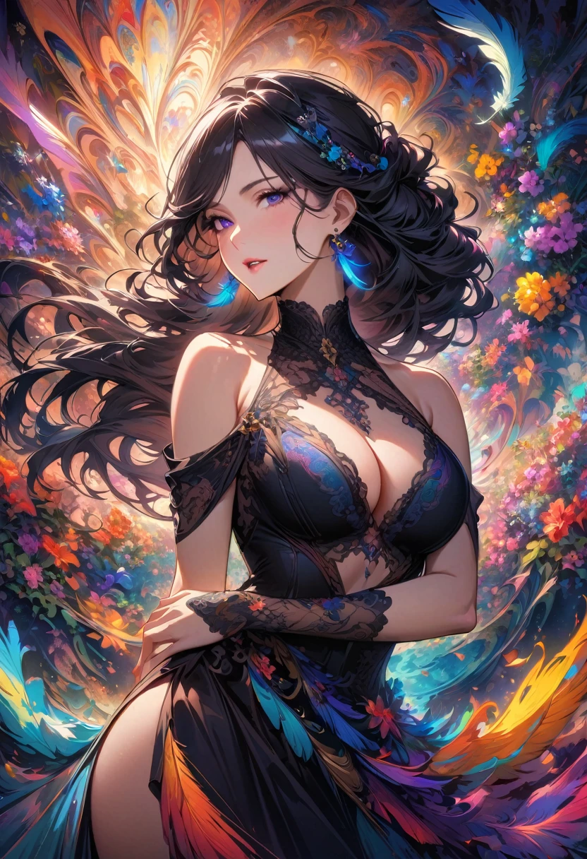 (masterpiece, top quality, Best quality, official art, Beautiful and aesthetically pleasing:1.2), (1 girl, mature:1.3, got old:1.3), long hair, braid sidelocks, extremely detailed,(fractal art:1.1),(Colorful:1.4)(flowers:1.3),The most detailed,(zentangle:1.2), (dynamic pose), (Abstract background:1.3), (shiny skin), (many colors:1.4),(Earrings:1.4), (feathers:1.4), cowboy shot
