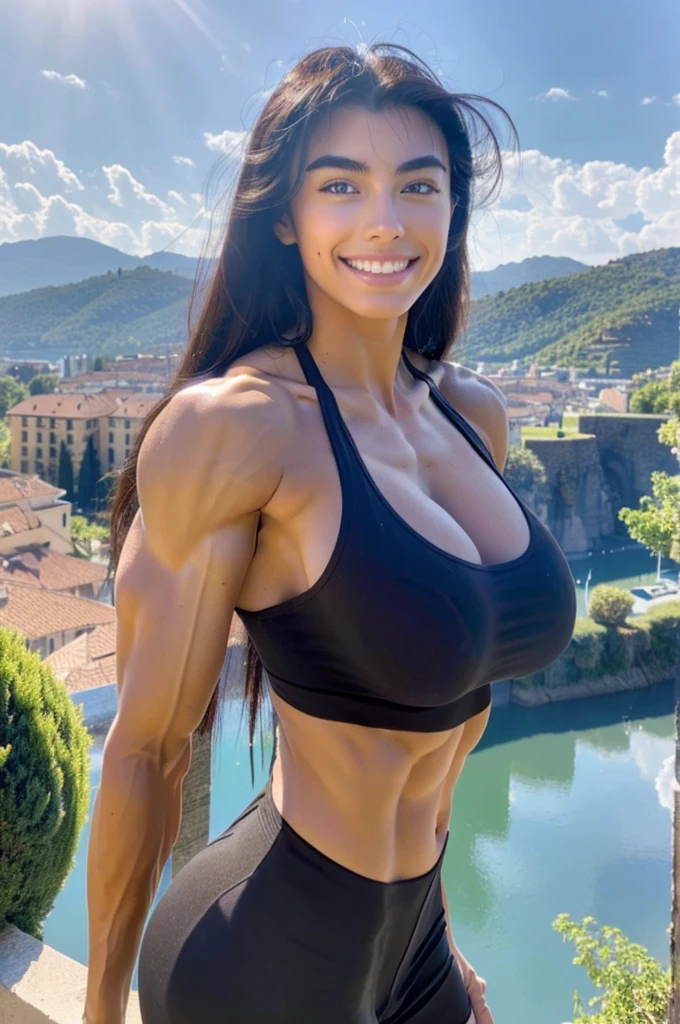 Beautiful 18 year old raven-haired girl, big sonrisa, big_tits, ((muscular physique)), ((strong muscular legeautiful)), desnuda en la cama