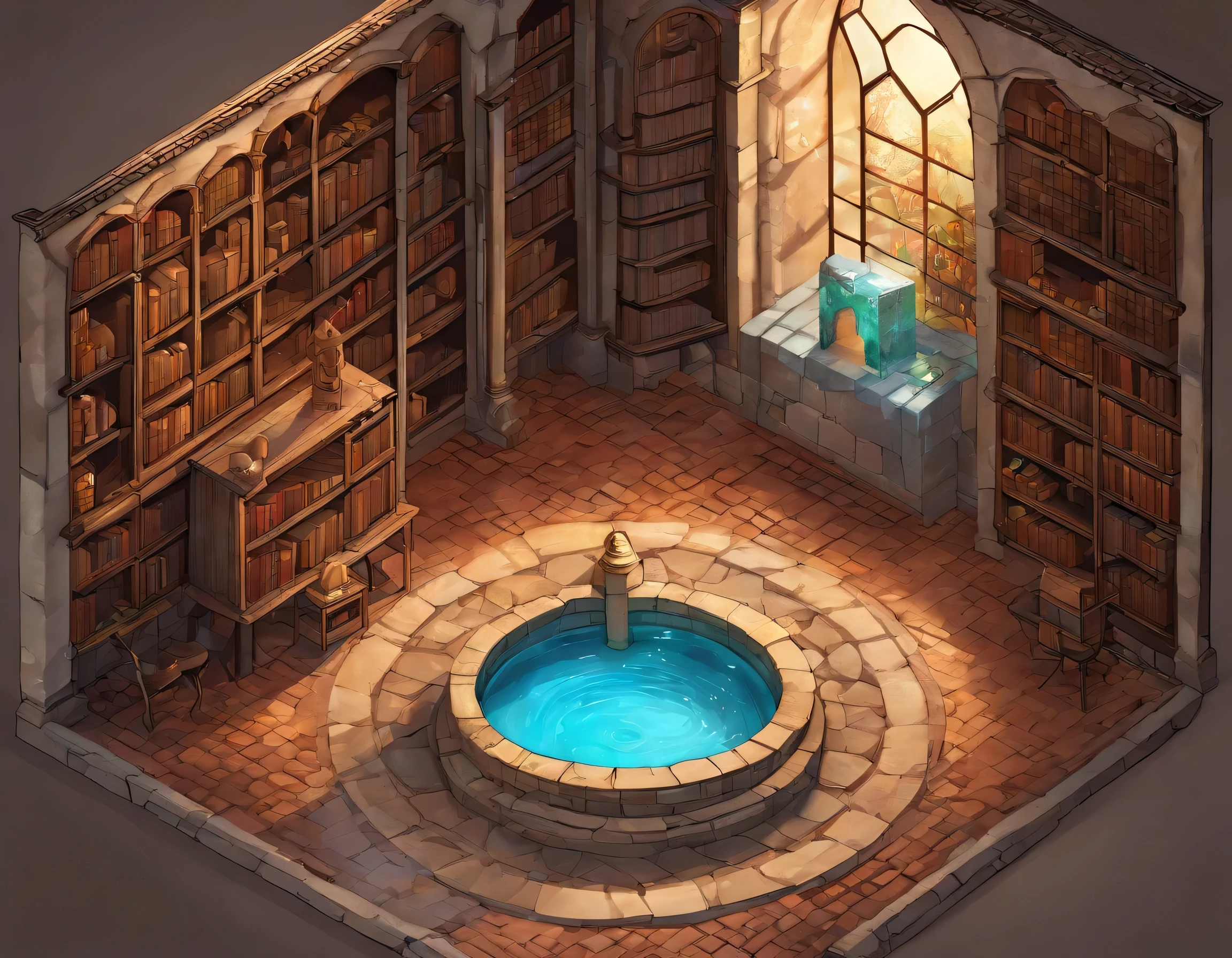scenario, extremely realistic, medieval Style, a Stone Tomb, with a woman's fountain in the center, shelves with books on the sides, a rustic wooden door with wrought iron trim and nails, On the opposite side of the door there is another shiny stone door with magic symbols.