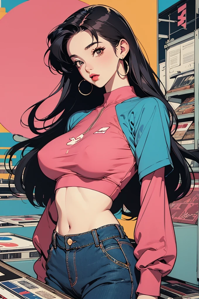 Miss, the 90s, retro, Crop Top, (Flat color, Flat Texture, Record store background:1.2), Huge breasts, Graphic Design, 
