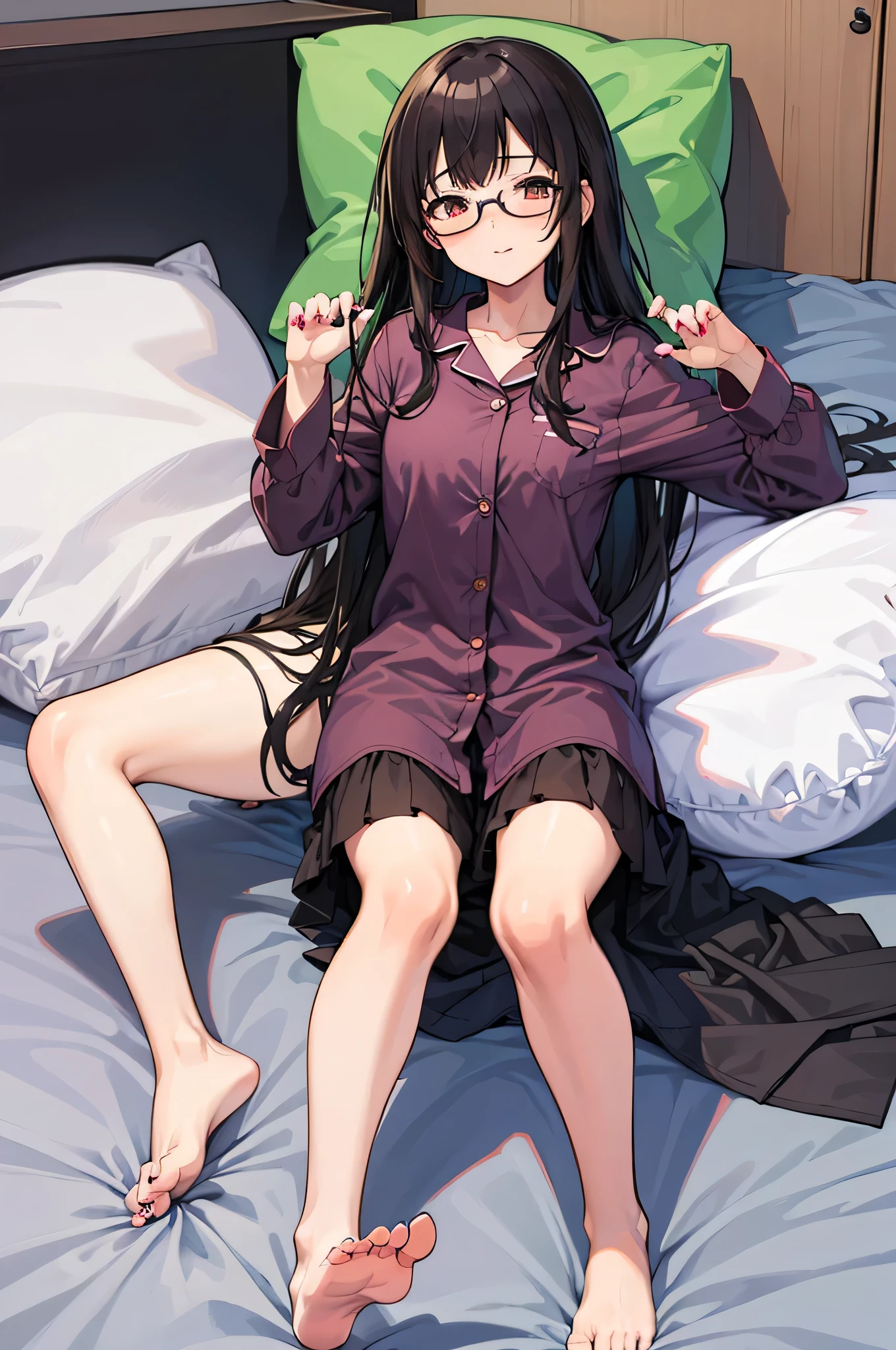 3girls,;t,;|,asakura_toru,bare_legs,barefoot,sheet,blush,brown_shirt,nails,fukumaru_koito,green_shirt,gray_shirt,haigyo,glasses,high resolution,higuchi_madoka,idolmaster,idolmaster_shiny_colors,knees_together_feet_apart,knees_up,looking_ at_viewer, lying down, lying_in_person , several_girls, nail_polish, noctchill_(idolmaster), on_back, pajamas, very thin purple_pyjamas transparent as air, shirt, side_look, the 3 girls with one eye closed and an expression of gratitude, happiness and sexual desire, naked under the pajamas, foot_polish, toenails, toes, best quality, masterpiece, nai3