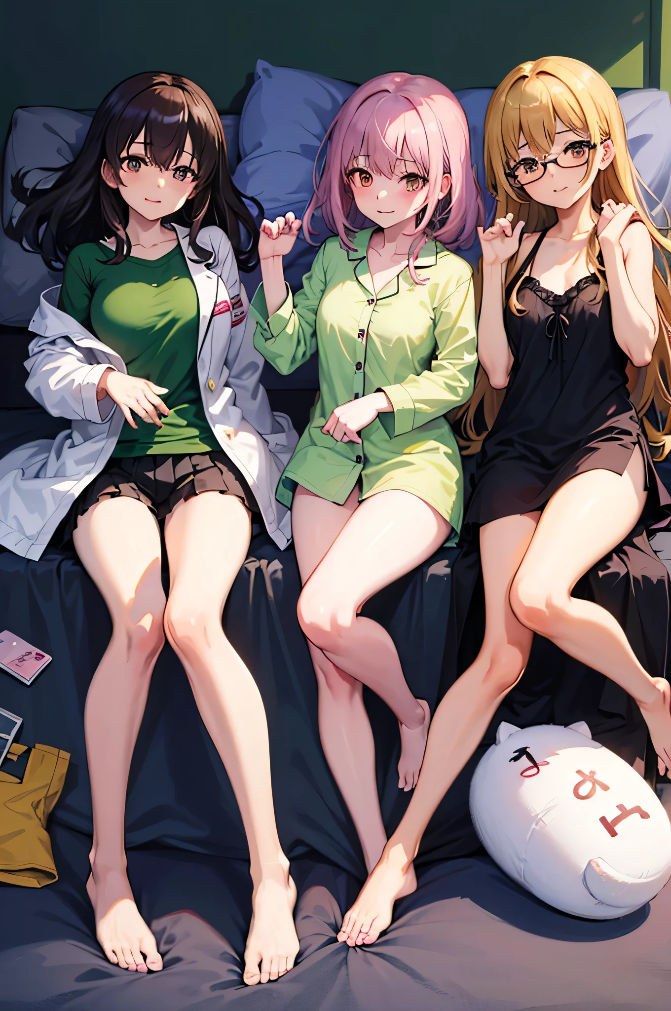 3girls,;t,;|,asakura_toru,bare_legs,barefoot,sheet,blush,brown_shirt,nails,fukumaru_koito,green_shirt,gray_shirt,haigyo,glasses,high resolution,higuchi_madoka,idolmaster,idolmaster_shiny_colors,knees_together_feet_apart,knees_up,looking_ at_viewer, lying down, lying_in_person , several_girls, nail_polish, noctchill_(idolmaster), on_back, pajamas, very thin purple_pyjamas transparent as air, shirt, side_look, the 3 girls with one eye closed and an expression of gratitude, happiness and sexual desire, naked under the pajamas, foot_polish, toenails, toes, best quality, masterpiece, nai3