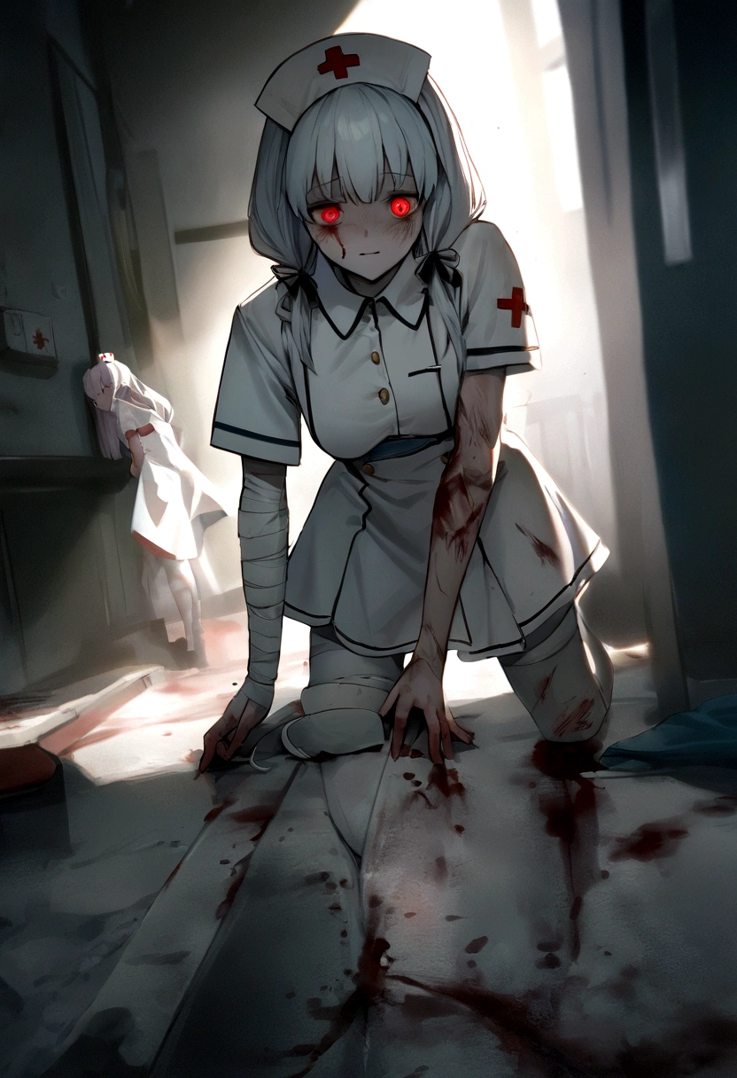 Hatsune Miku、Hatsune Miku、Blue skin and face、masterpiece, highest quality, highest detail, 1 girl, BREAK, horror, (Small injured girl, blood, bleeding, injury), Shining white hair, jewel-like red eyes, anime highlight eyes, (Nurse uniform: 1.4), (White tight miniskirt: 1.2), White pantyhose, scarred clothes, dirty clothes, bloodstained clothes, scarred skin, battle damage, bandaged arms, bandaged legs, (Yandere:1.2), BREAK, The background is a modern hospital, a collapsed hospital, BREAK, full body, movie lighting, action movie poster, dynamic, beautiful girl action actor, motion blur, depth of field, 35mm, Sony FE, 1girl,