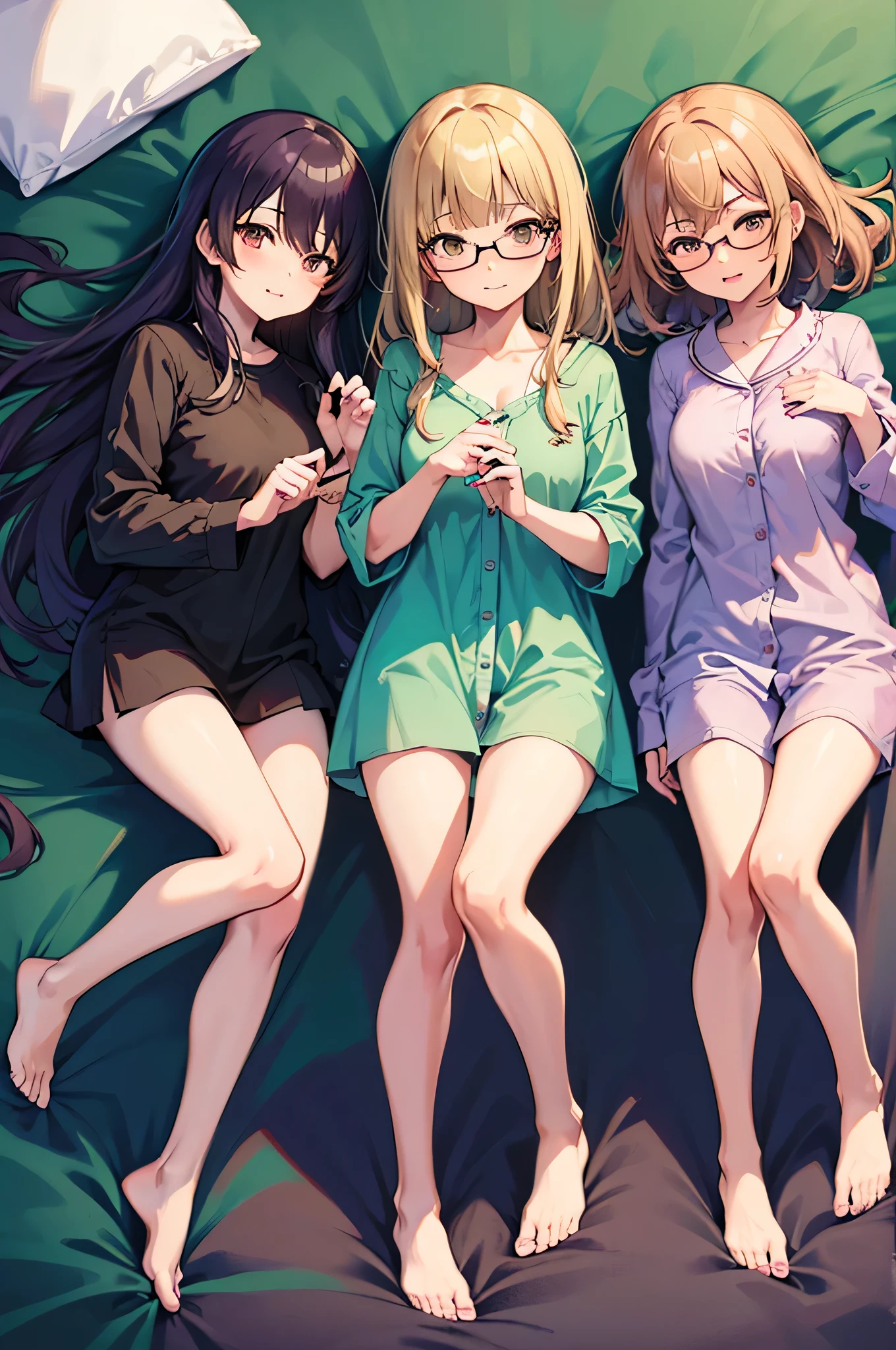 3girls,;t,;|,asakura_toru,bare_legs,barefoot,sheet,blush,brown_shirt,nails,fukumaru_koito,green_shirt,gray_shirt,haigyo,glasses,high resolution,higuchi_madoka,idolmaster,idolmaster_shiny_colors,knees_together_feet_apart,knees_up,looking_ at_viewer, lying down, lying_in_person , several_girls, nail_polish, noctchill_(idolmaster), on_back, pajamas, very thin purple_pyjamas transparent as air, shirt, side_look, the 3 girls with one eye closed and an expression of gratitude, happiness and sexual desire, naked under the pajamas, foot_polish, toenails, toes, best quality, masterpiece, nai3