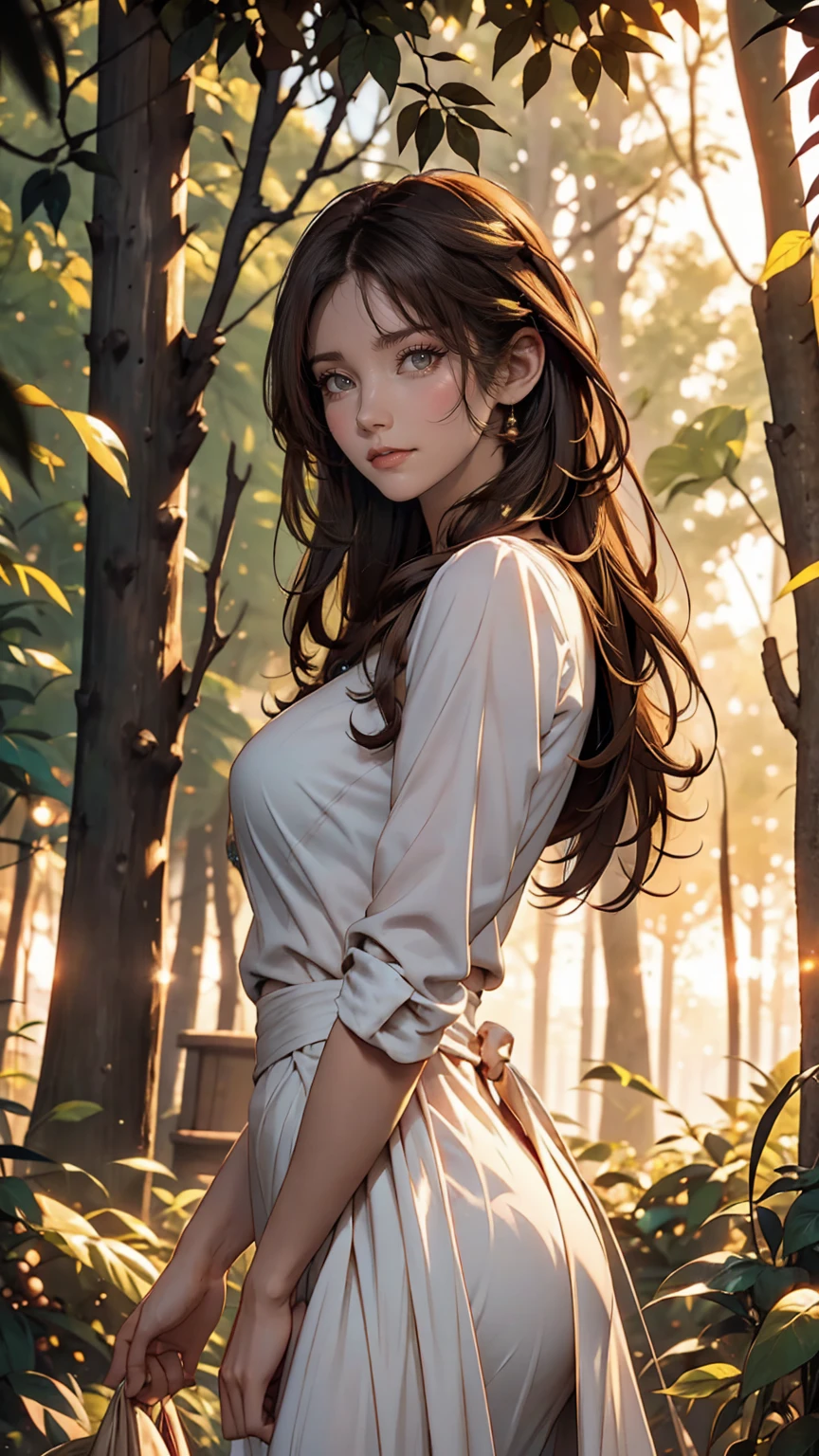 Beautiful and mysterious woman with brown hair, Watching the sunset in a beautiful forest