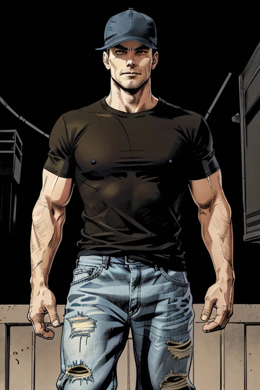 Man in Normal short sleeve t-shirt on top and long loose jeans With converse sneakers Heroic Presence Serious and strong pose and cap darkens the face strong playera de manga corta Normal
