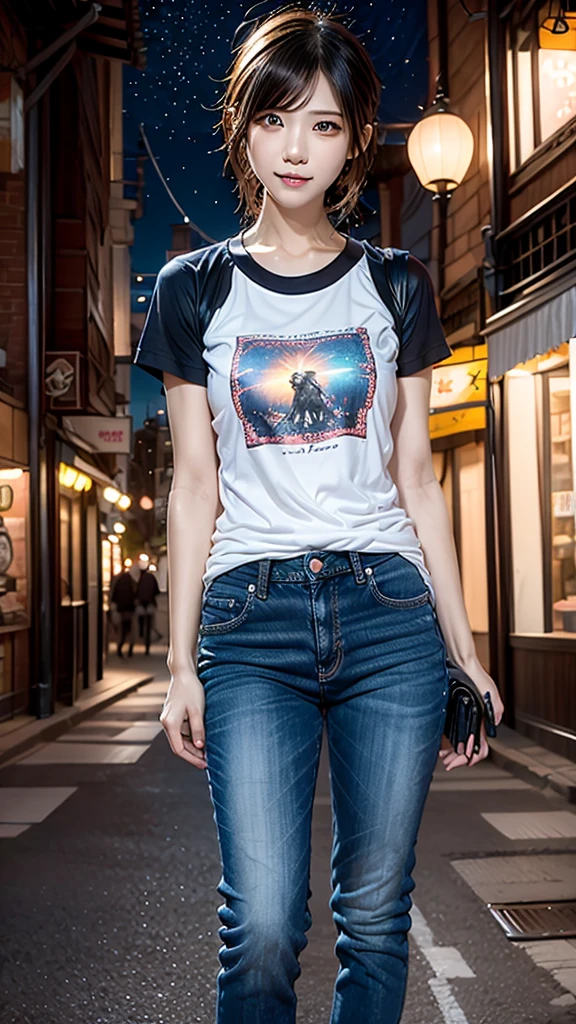 AIBeauty、Prompto around town、、Character T-shirt prompts、jeans、Starry sky animal circle、Real Beauty