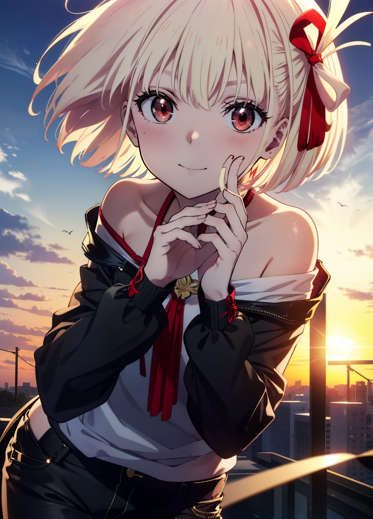 chisatonishikigi, Chisato Nishikigi, short hair, bangs, Blonde Hair, (Red eyes:1.5), Hair Ribbon, One side up, Bobcut,smile,blush,
Cord off-shoulder top,Short sleeve,skinny pants,Stiletto heels,morning,morning陽,The sun is rising,walking,whole bodyがイラストに入るように,
break outdoors, 公園
break looking at viewer, whole body,
break (masterpiece:1.2), highest quality, High resolution, unity 8k wallpaper, (shape:0.8), (Beautiful details:1.6), Highly detailed face, Perfect lighting, Extremely detailed CG, (Perfect hands, Perfect Anatomy),