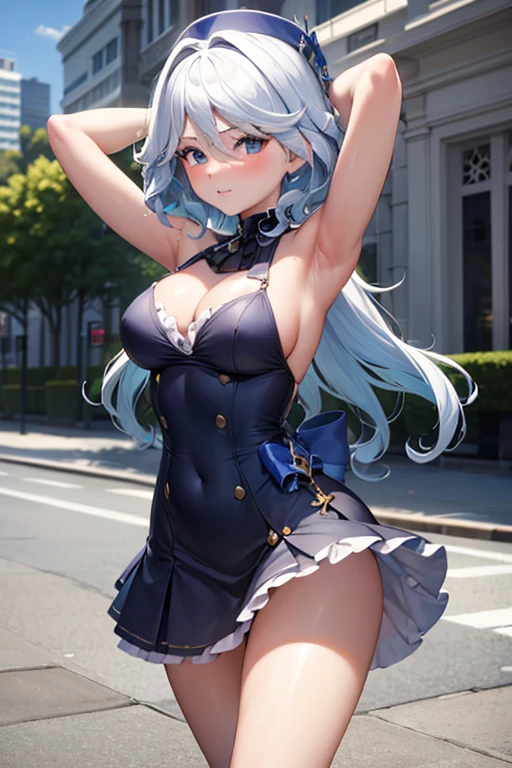 (highest quality,4K,High resolution,masterpiece:1.2),Very detailed,Beautiful details, age body,Expressions of joy,Furina character, 16-year-old teen, Embarrassed,Walking around the city, Shiny Hair,
armpits