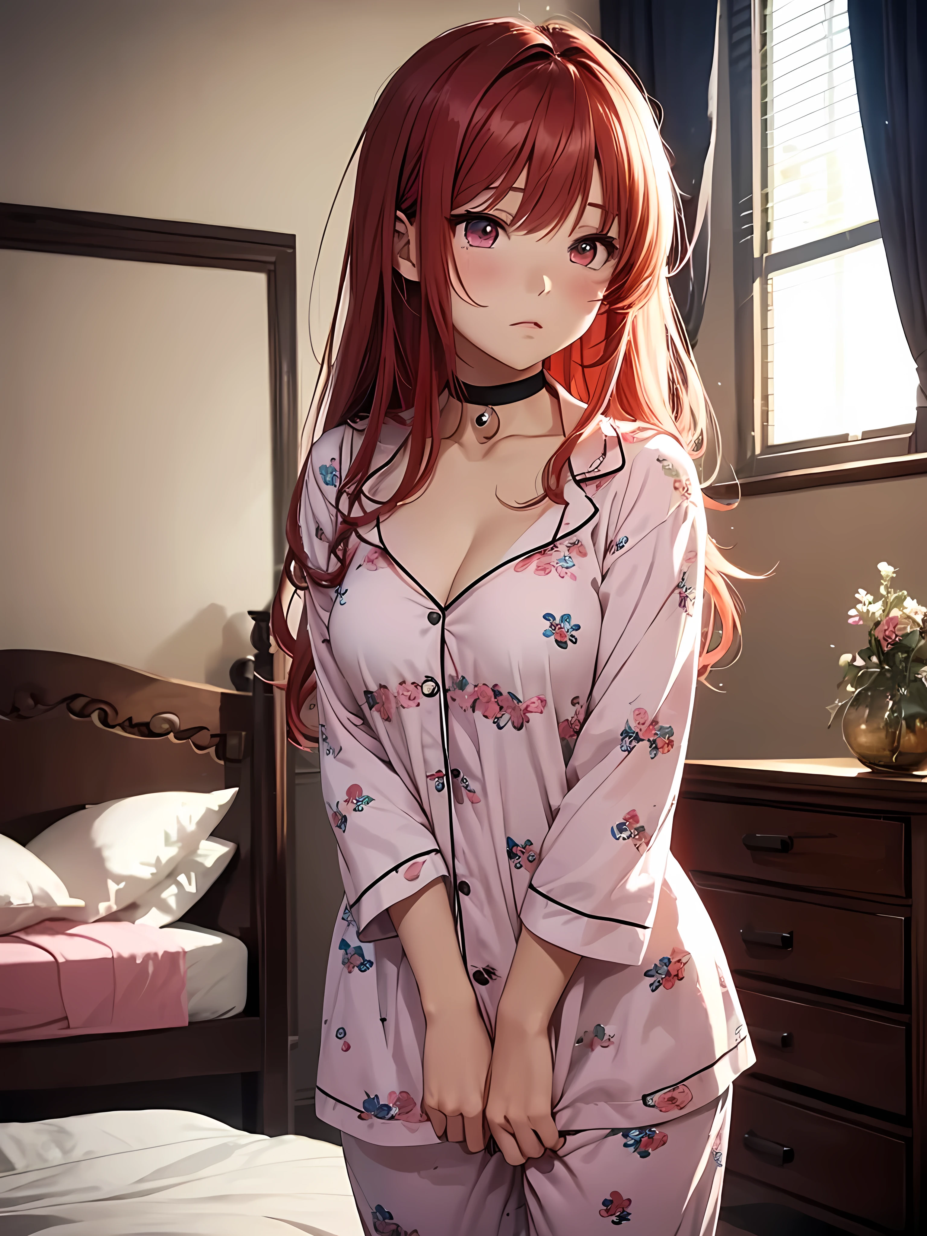 beautiful young woman, anime style, detailed face, red hair, hair down, messy hair, large eyes, pink eyes, delicate features, soft lighting, blush, wearing a choker, wearing pajamas, pajama top half off, no pants, covered by top, sexy, sleepy face, just woke up, lying in bed, cozy bedroom, morning light, relaxed posture, barefoot, detailed background, Japanese anime style, hand-drawn, high quality, highly detailed, 8k resolution, cinematic lighting, best quality, vibrant colors