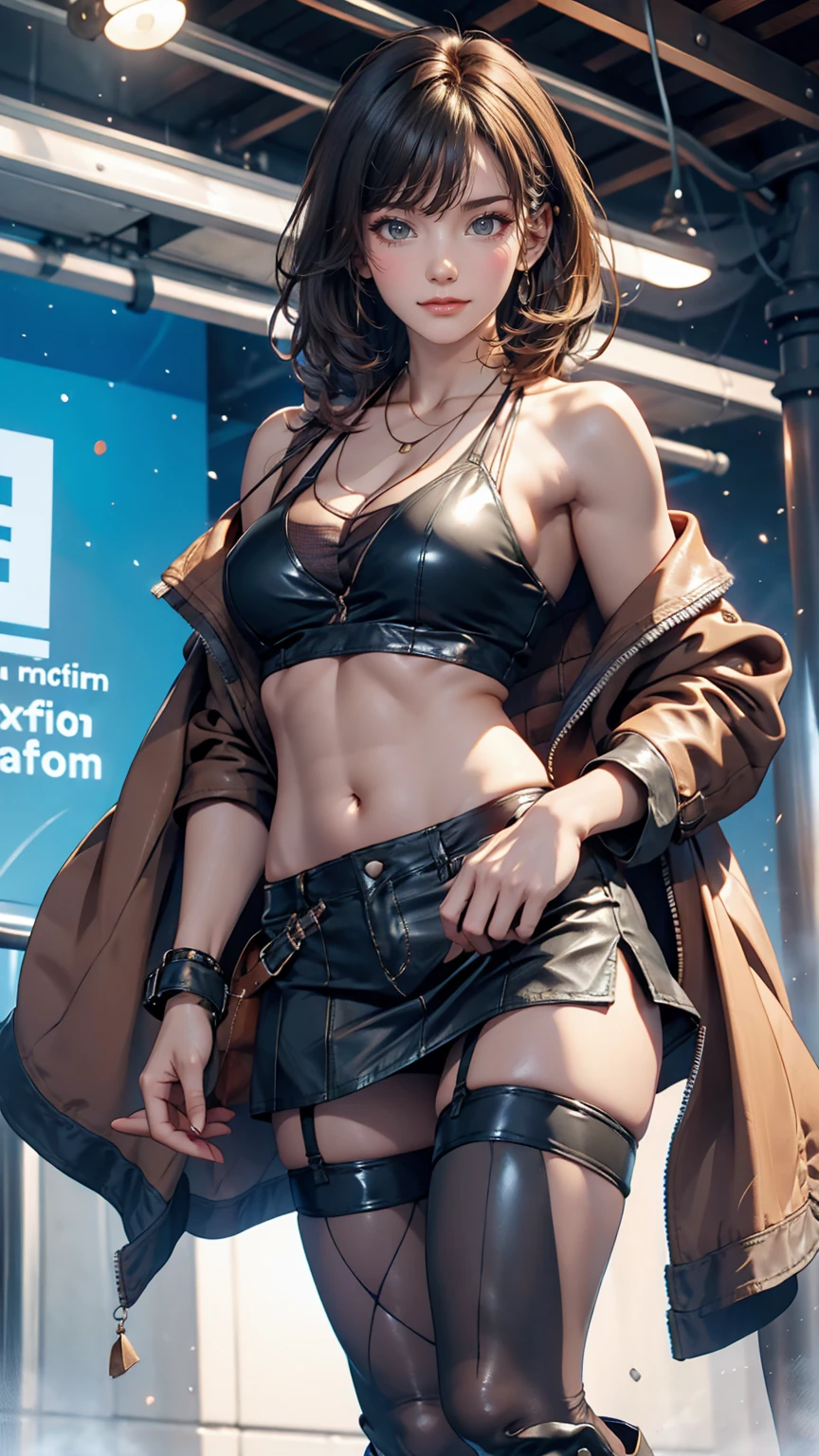 Absurdity, High Resolution, Ultra Detail, (1 Girl: 1.2), Huge, (Dark Tan Skin: 1.4), Abs: 1.25, Unity 8k Wallpaper, Women, Black Sports Bra, Fishnet Stockings, Dynamism, Cinematic Shots, Intricate Details, (Lift G Jacket: 1.3), (Visible Skin: 1.3), Casual Clothes, Indoors, Bullying, Playful, Sheer Nipples, Seductive poses