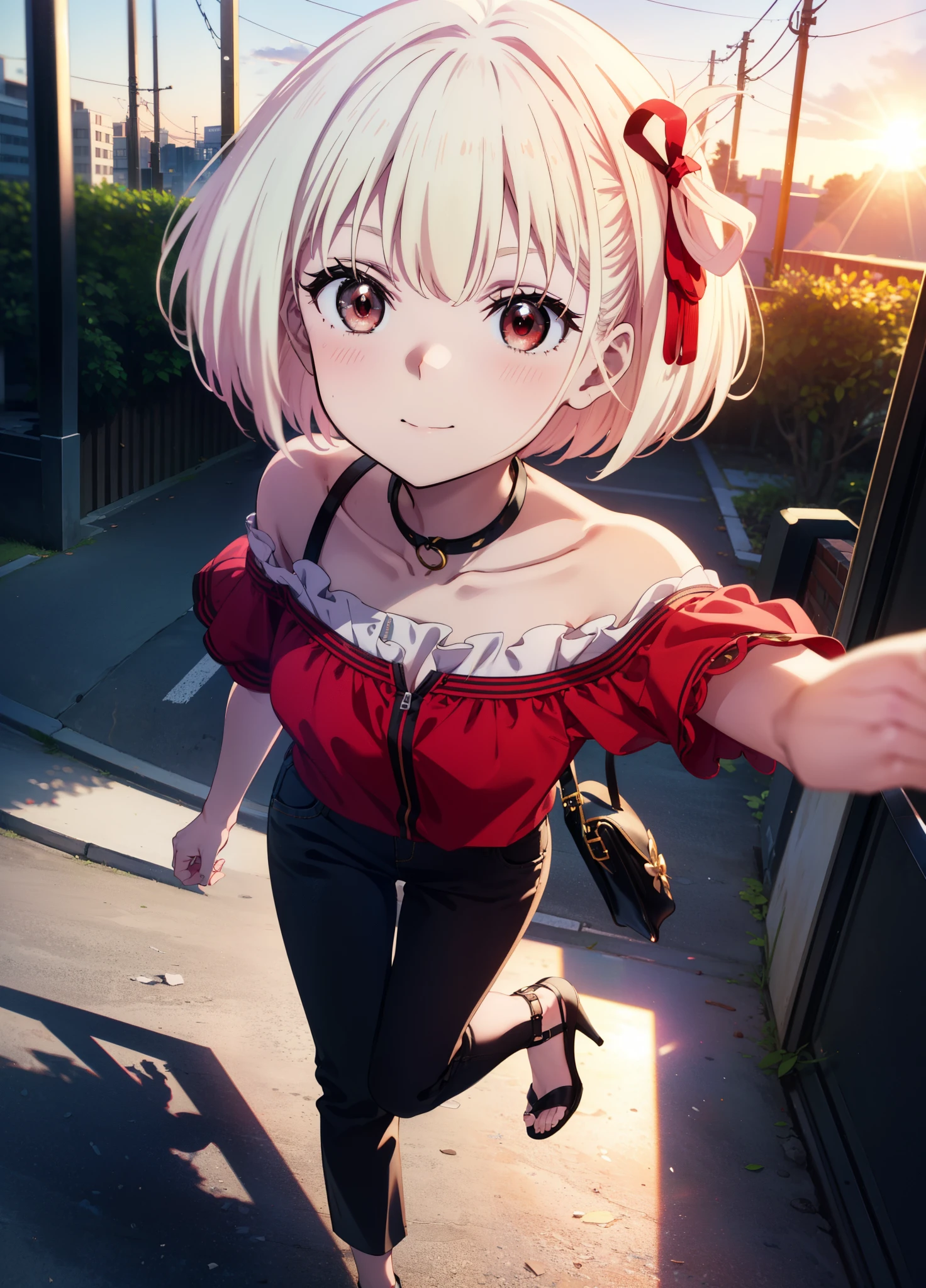 chisatonishikigi, Chisato Nishikigi, short hair, bangs, Blonde Hair, (Red eyes:1.5), Hair Ribbon, One side up, Bobcut,smile,blush,
Cord off-shoulder top,Short sleeve,skinny pants,Stiletto heels,morning,morning陽,The sun is rising,walking,whole bodyがイラストに入るように,
break outdoors, 公園
break looking at viewer, whole body,
break (masterpiece:1.2), highest quality, High resolution, unity 8k wallpaper, (shape:0.8), (Beautiful details:1.6), Highly detailed face, Perfect lighting, Extremely detailed CG, (Perfect hands, Perfect Anatomy),
