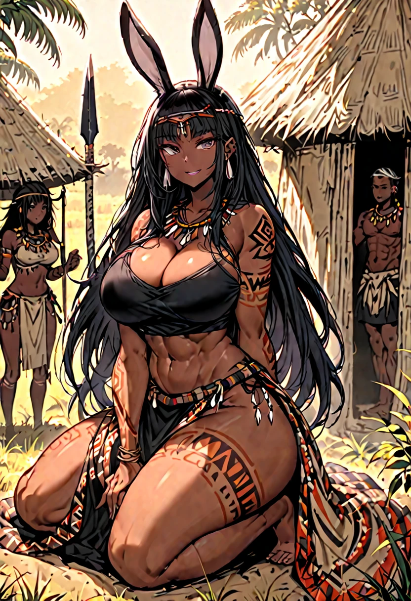 female, rabbit ears, dark skin, black hair, very long hair, braided hair, huge breasts, tribal clothes, tribal tattoos, sackcloth clothes, thick thighs:0.4, teasing smile, kneeling, savannah, hut, spear, black eyes, abs, bare midriff, cleavage, heaving breasts