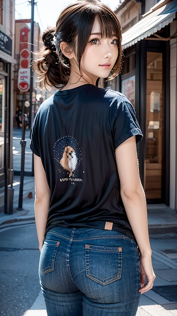 AIBeauty、Prompto around town、、Character T-shirt prompts、jeans、Starry sky animal circle、Real Beauty、Beautiful woman looking back