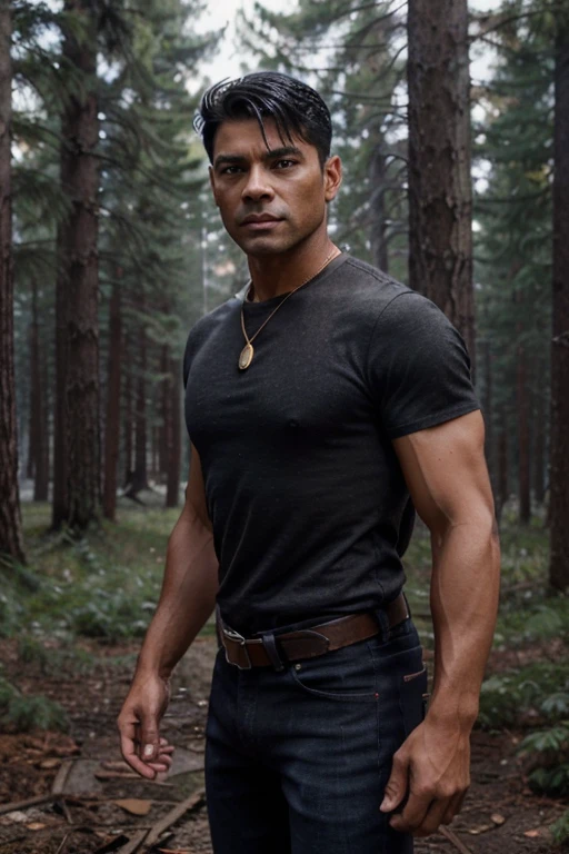 Mark Consuelos, Hiram Lodge, Teen Wolf, 40 years old, short messy black hair, slim muscular build, black eyes, open red shirt, dark blue jeans, black belt, light brown combat boots, silver moon pendant, gold background black, misty forest