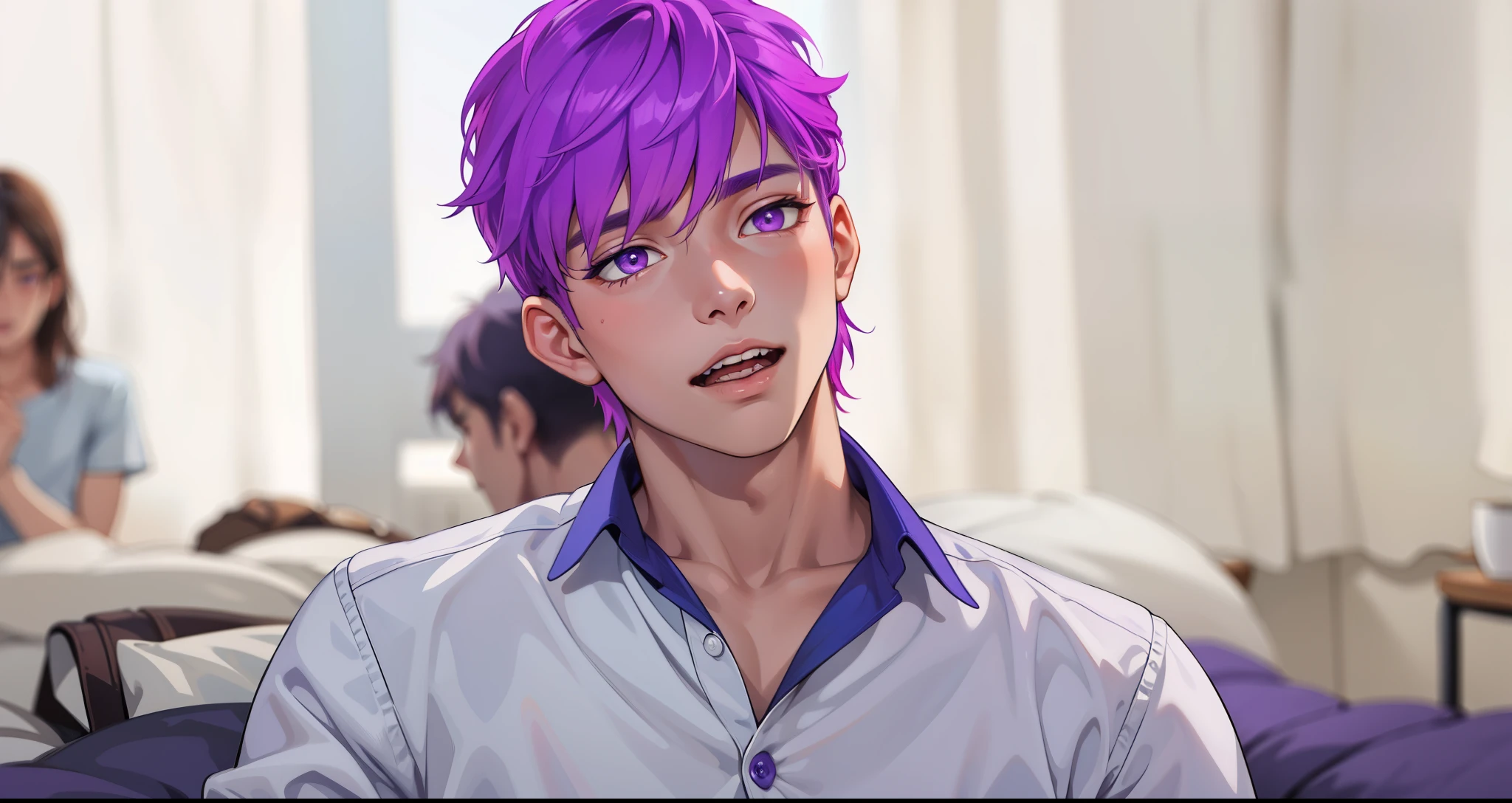 he is speaking he opens his mouth a beautiful young man violet hair violet eyes speaking a story he is telling us something