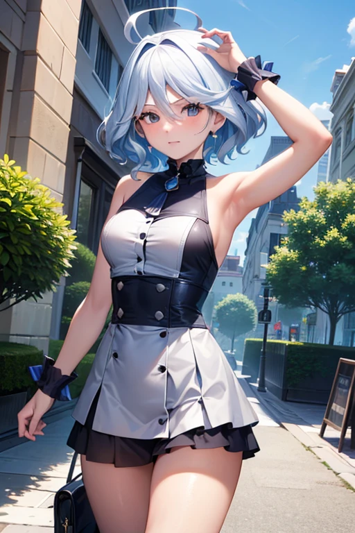 (highest quality,4K,High resolution,masterpiece:1.2),Very detailed,Beautiful details, Teenage body,Expressions of joy,Furina character, 16-year-old teenager, Embarrassed,Walking around the city, Shiny Hair,
arms up