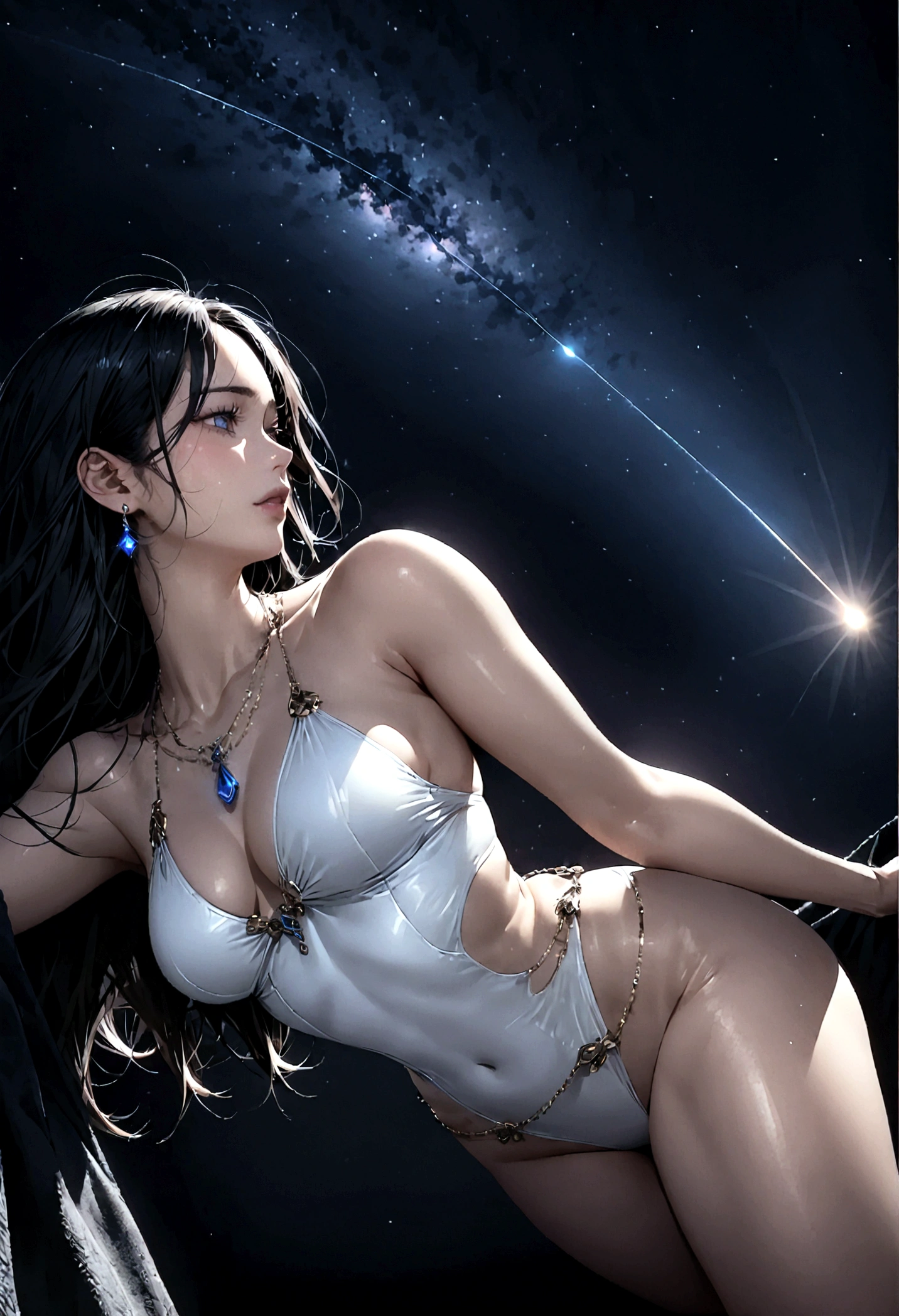 8k, masterpiece, RAW Photos, highest quality, Realistic, Very detailed, Depth of written boundary, Cinematic Light, Anatomically correct body,
An elegant beautiful mature woman, Very beautiful face, Exquisitely detailed face, (Goddess-like deity々Beautiful:1.4), Very sensitive skin, Transparent muscle, Shiny white skin, Glamorous Body,
(Wavy black long hair:1.2), Sexy Breasts, Sexy ass,
(White hentai swimsuit:1.4), (Detailed cloth texture:1.2), (Body chain accessory with detailed jewel studded embellishments:1.3), (Gorgeous necklace:1.1), (Gorgeous earrings:1.1),
(Dark starry background:1.4), (Milky Way:1.1), (milky way:1.1), (shooting star:1.1), (Dark coastline at night:1.4), (Pitch black sea surface:1.4),
(Low angle shot:1.8),