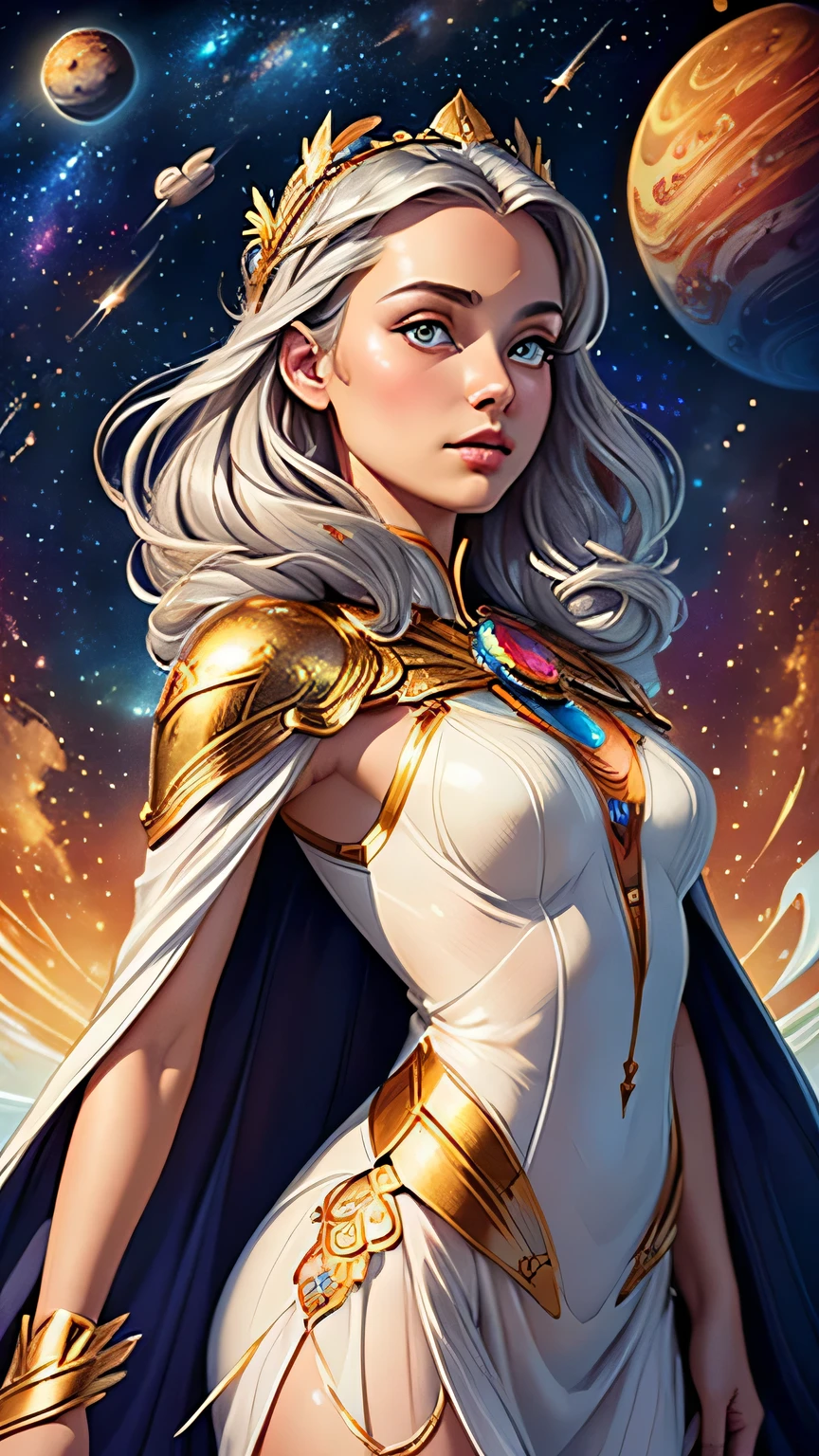 ((best quality)), ((masterpiece)), ((ultra-detailed)), (illustration), (detailed light), (an extremely delicate and beautiful),((a cute girl:1.2)),((cowboy shot)),standding,Starry sky adorns beautiful detailed dress,Cloak,golden leaf-shape headdress around two sides of head,(beautiful eyes),floating silver hair ,(Galaxy),(colorful (planets:1.1)),Negative space,background detailed