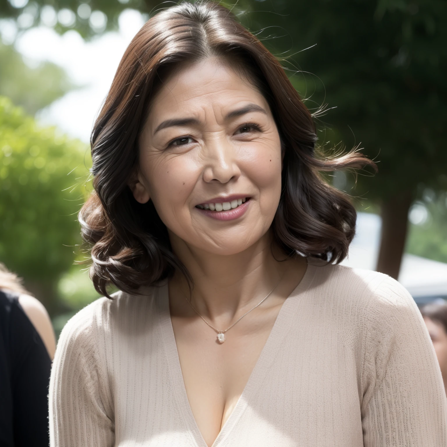 最high quality, In 8K, Masseter muscle area, Lifelike, Sharp focus, high quality, High resolution, Detailed face, Detailed eyes, Thick lips, Background Blur, solo, Middle-aged women, , 55 years old, , Medium long wavy hair, Cleavage, Wearing a plain short-sleeved knit, Afternoon in front of the park garden, Wrinkles around the eyes, Toothy smile