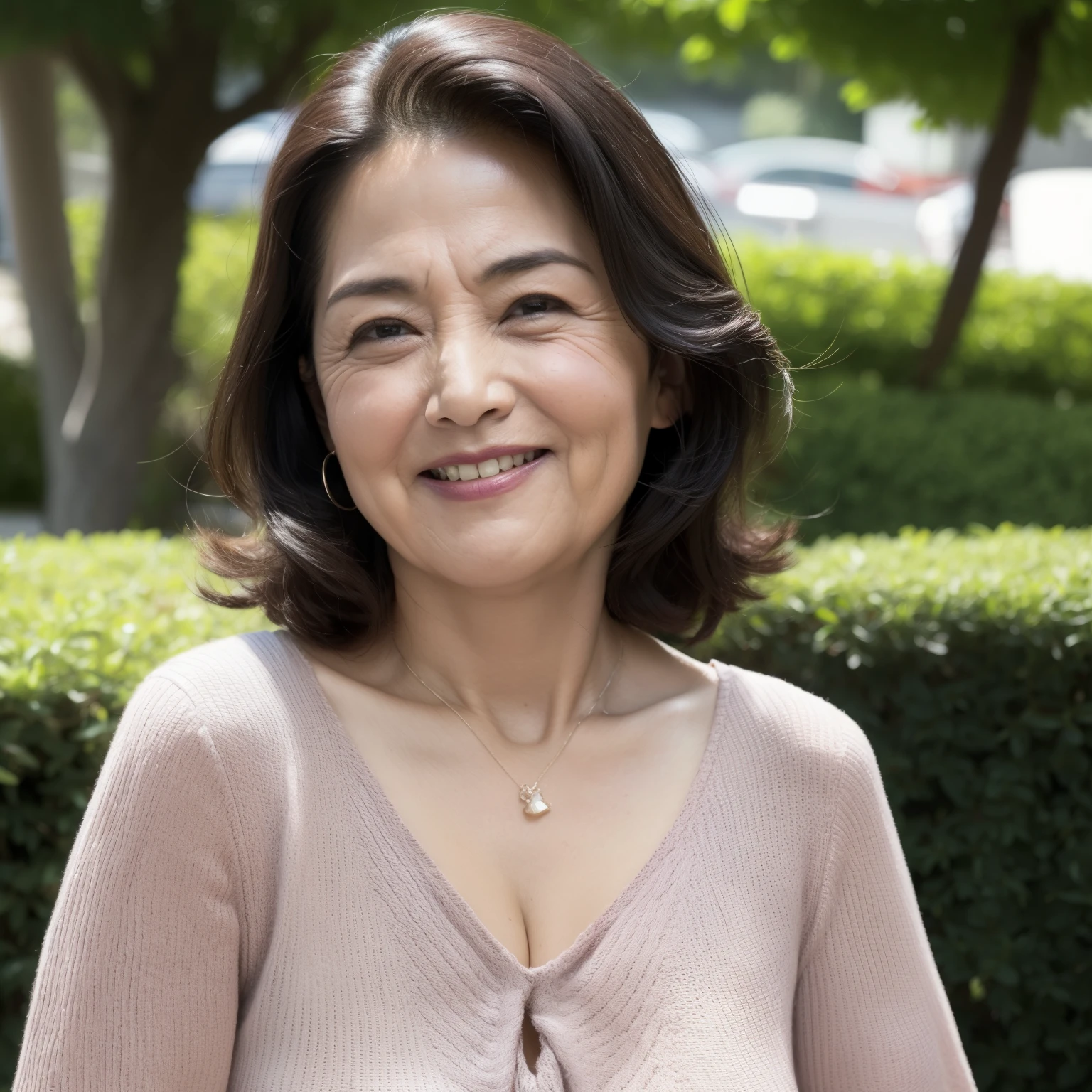 最high quality, In 8K, Masseter muscle area, Lifelike, Sharp focus, high quality, High resolution, Detailed face, Detailed eyes, Thick lips, Background Blur, solo, Middle-aged women, , 55 years old, , Medium long wavy hair, Cleavage, Wearing a plain short-sleeved knit, Afternoon in front of the park garden, Wrinkles around the eyes, Toothy smile