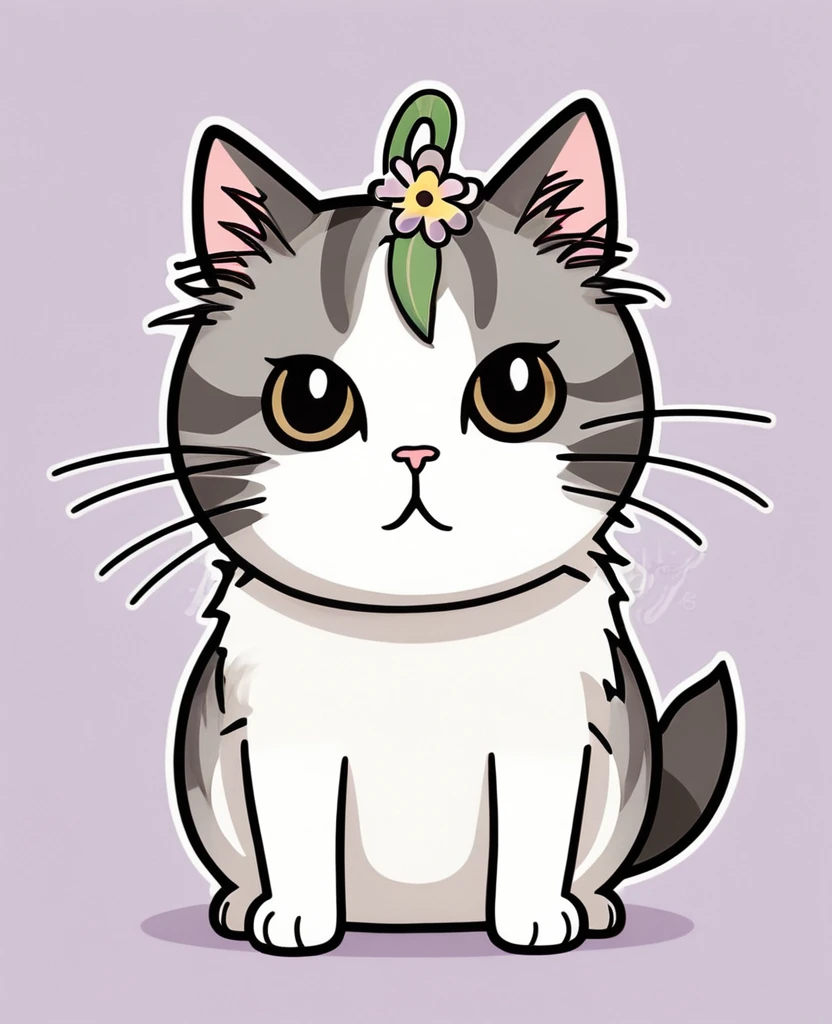 Erstelle eine Katze mit einer Blume auf dem Kopf, Pusheen-Stil. Comic, Cute cat, Discord-Profilbild, Oktopus Katze, Kawaii-Katze, dicke graue Chibi-Katze, sein Kopf ist eine Birne, ich entspanne, Abonnieren, Detailliertes Bild, giftige Katze, Catgirl, angry cat, Miau, Zwietracht-Emoji, nekomimi, Katzenkopf
