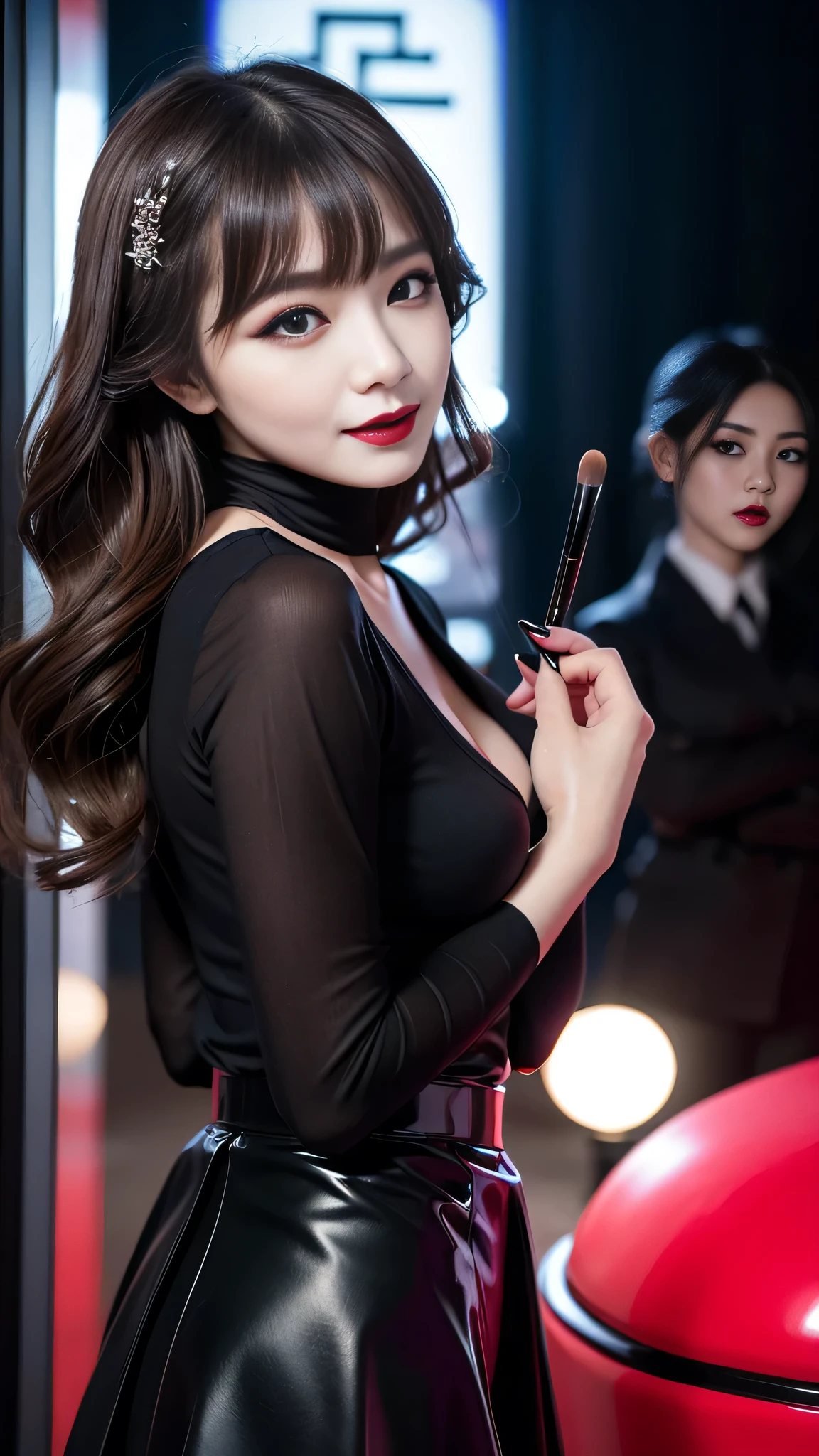 best quality、ultra-detailed、8k、Japanese、Japanese、Seductive beauty、seductive adult woman、Pretty Woman、cool girl、smirk、Wicked Smile、Villainess、brainwash makeup、Brainwashed、brainwash、Fallen into evil、Evil look、evil、Brown hair、wavy hair、swept bangs、dark makeup、piercing eyes、hollow eyes,half-closed eyes、Hollow Eyes、purple Eyeshadow、black lipstick、black lipglos、black elegant dress、Black flared skirt、pantyhose、stockings、night、inside darkroom、Are standing、Look、Offer、shoot from below、Make up、Have lipstick、Swear allegiance、I have pledged my allegiance、Connect the red tube