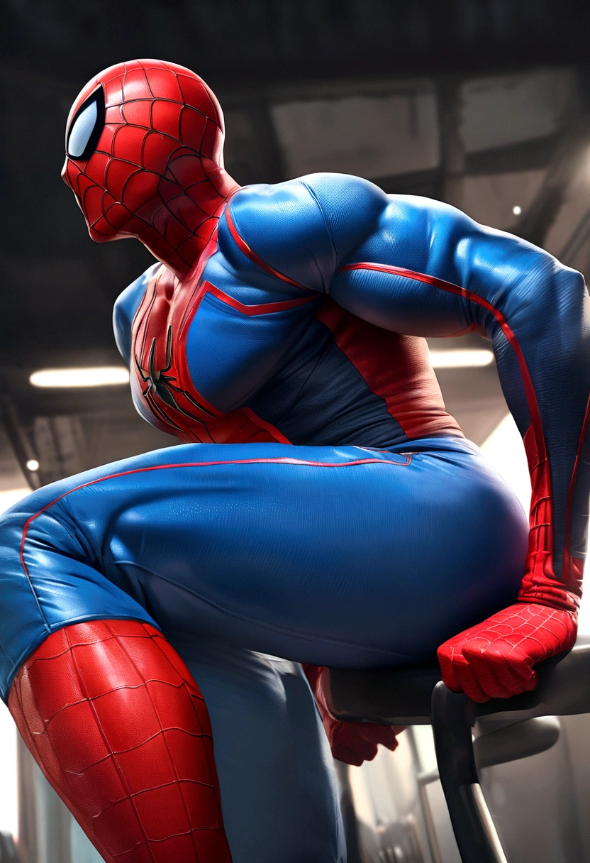 Spiderman,Realist,Hyperrealism, Exercise muscles,With textured saturated red and blue gags. And a jacket over the suit