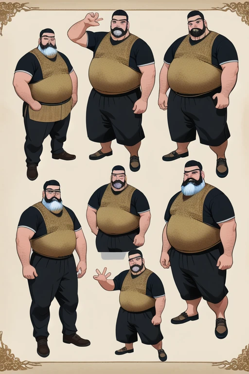 （（tmasterpiece）），（（（best qualtiy））），（CharacterDesignSheet，Same role，frontage，Lateral face，on  back），concept-art，concept art of character，Character sketches，reference sheet，Role table，（simplebackground，white backgrounid： 1.3), gesturing with hands towards the viewer, communicating with hands,🤗( Photography Coast view),Style Snthwve Nvinkpunk Style Snthwve Nvinkpunk Drunk Man (Only chubby, plump male image, with extremely thick thighs, a big belly, fat. he is 56 years old. He is bearded, full beard, very long beard. he wears prescription glasses. There&#39;s a man, chubby, chubby, extremely thick thighs, large belly, fat, wearing a sleeveless t-shirt, gray sweatpants, Eyeglasses, barbar grande cheia e longa, grisalho, nordic lanyard on neck rings watch bracelet full body tattoos full body photography full body image, sitting on a bench in a gym, em uma academia, heavy appearance, encorpado, He's strong, He's chubby, muscular, He's bald with a mustache, barba a fazer, negro, encorpado, parrudo, ele tem cerca de 58 anos de idade, ele tem cerca de ,58 anos, coxas grandes, malhar. Usando fones de ouvido cor vermelho com detalhes branco. Malhando de frente ao expectador,  （（tmasterpiece）），（（（best qualtiy））），（CharacterDesignSheet，Same role，frontage，Lateral face，on  back），concept-art，concept art of character，Character sketches，reference sheet，Role table，（simplebackground，white backgrounid： 1.3), gesturing with hands towards the viewer, communicating with hands,