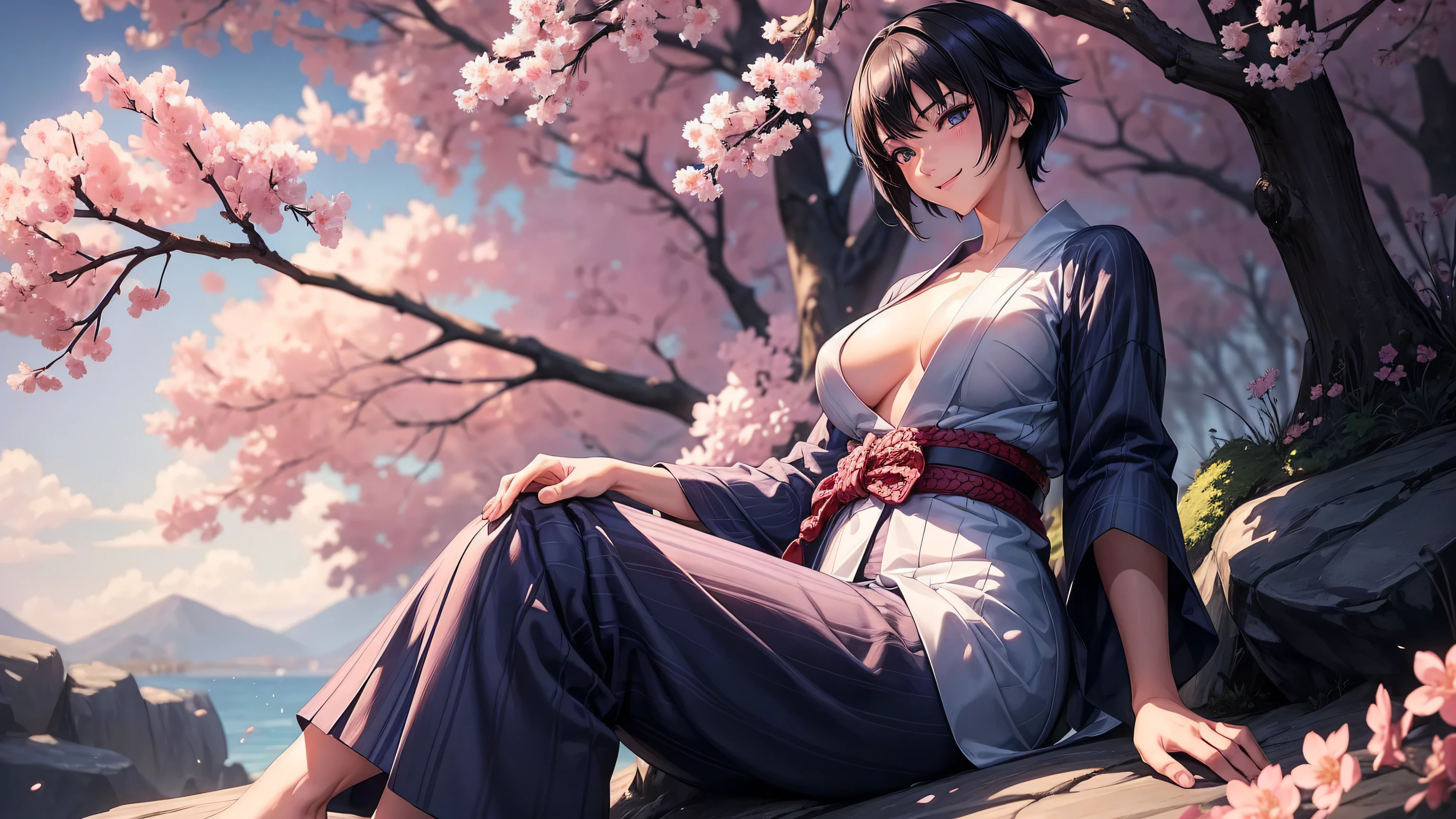 4k, (masterpiece), highest quality,  full body, midnight, ( anime schounbuttoned yukata), (big breasts), short black hair, blue eyes, smile, full height, clear eyes, black eyelashes, (intricate detailed), dramatic, makoto shinkai, trending on CGsociety, sitting on rock under sakura tree