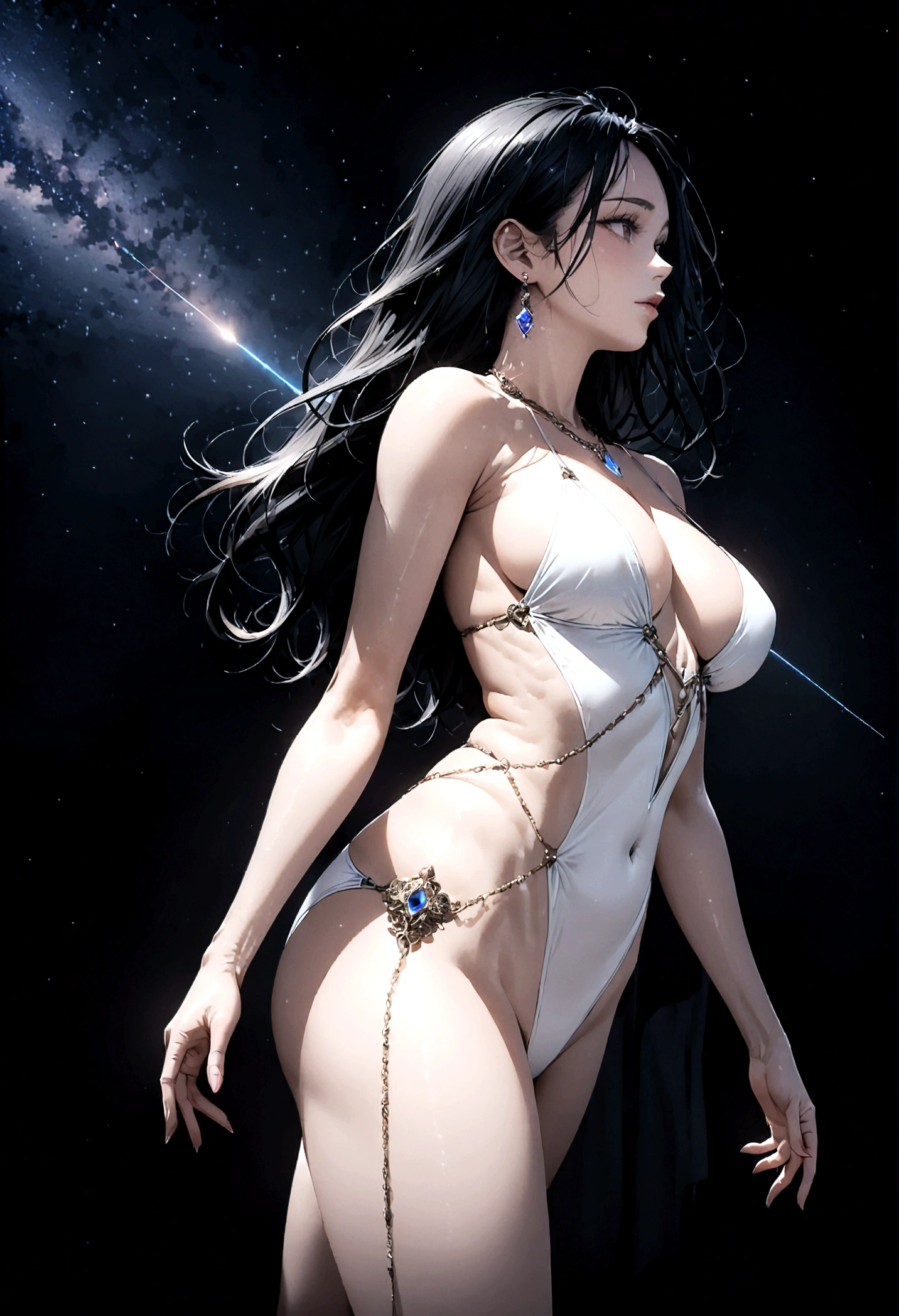 8k, masterpiece, RAW Photos, highest quality, Realistic, Very detailed, Depth of written boundary, Cinematic Light, Anatomically correct body,
An elegant beautiful mature woman, Very beautiful face, Exquisitely detailed face, (Goddess-like deity々Beautiful:1.4), Very sensitive skin, Transparent muscle, Shiny white skin, Glamorous Body,
(Wavy black long hair:1.2), Sexy Breasts, Sexy ass,
(White hentai swimsuit:1.4), (Detailed cloth texture:1.2), (Body chain accessory with detailed jewel studded embellishments:1.3), (Gorgeous necklace:1.1), (Gorgeous earrings:1.1),
(Dark starry background:1.4), (Milky Way:1.1), (milky way:1.1), (shooting star:1.1), (Dark coastline at night:1.4), (Pitch black sea surface:1.4),
(Low angle shot:1.8),