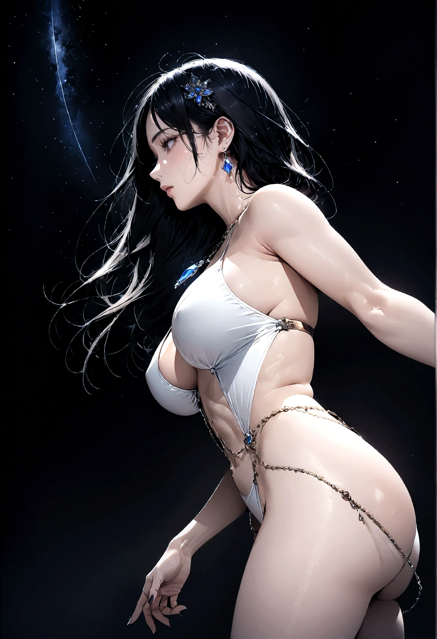 8k, masterpiece, RAW Photos, highest quality, Realistic, Very detailed, Depth of written boundary, Cinematic Light, Anatomically correct body,
An elegant beautiful mature woman, Very beautiful face, Exquisitely detailed face, (Goddess-like deity々Beautiful:1.4), Very sensitive skin, Transparent muscle, Shiny white skin, Glamorous Body,
(Wavy black long hair:1.2), Sexy Breasts, Sexy ass,
(White hentai swimsuit:1.4), (Detailed cloth texture:1.2), (Body chain accessory with detailed jewel studded embellishments:1.3), (Gorgeous necklace:1.1), (Gorgeous earrings:1.1),
(Dark starry background:1.4), (Milky Way:1.1), (milky way:1.1), (shooting star:1.1), (Dark coastline at night:1.4), (Pitch black sea surface:1.4),
(Low angle shot:1.8),