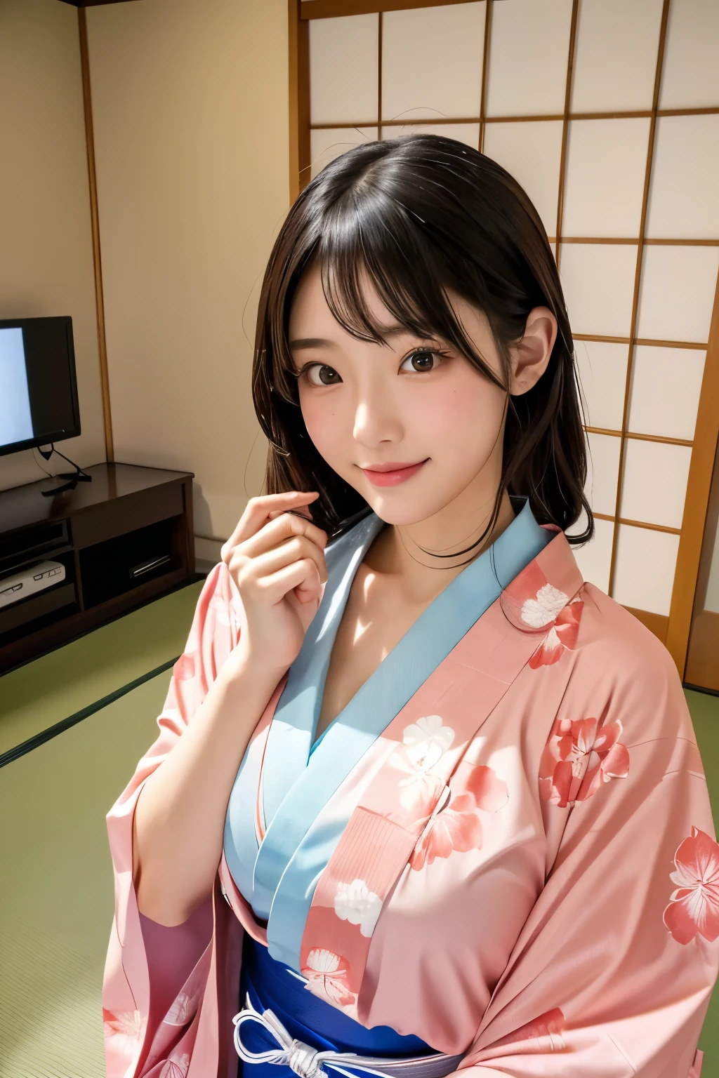 There is a woman posing for a picture in a room, wearing Japanese , Japanese girl , anime girl in real life, Japanese , Another Iwakura close-up, young gravure idol, yukata,