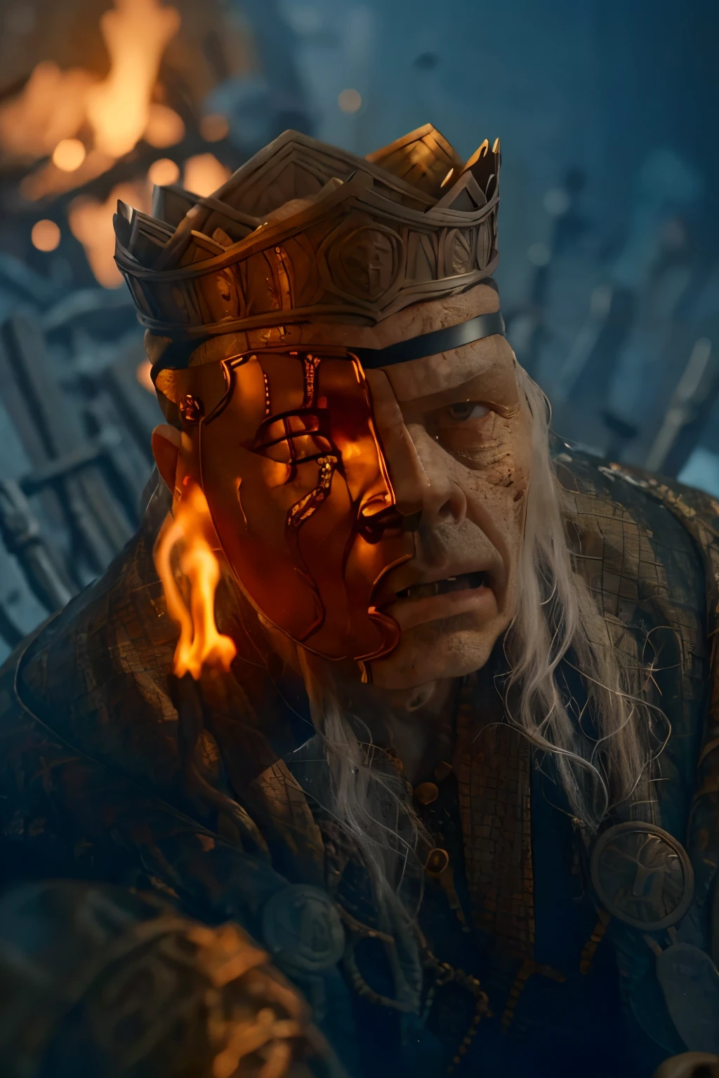 
(masterpiece, best quality:1.2), (((1 Man, male))), (((Cinematic epic poster))) of Sick Viserys ,((old man 80 years old)), (((hotting face))) , zombie , ((wearing a golden mask on half face, crown on her head)),  Gothic style, (((detailed face))), (a detailed RAW photo of a ), (master part:1.0), (best quality:1.4), (Ultra Highres:1.2), (photorealistic:1.4), 8K resolution, Canon EOS R5, 50 millimeters, Absurd, Ultra Detailed, sharp focus, Cinematic lighting, detailed face, (ULZZANG-6500-V1.1), detailed skin texture, pale skin, chest round, (pale :0.5), Cinematic lighting. (((Abstract flame background, cinematic lighting ))) 