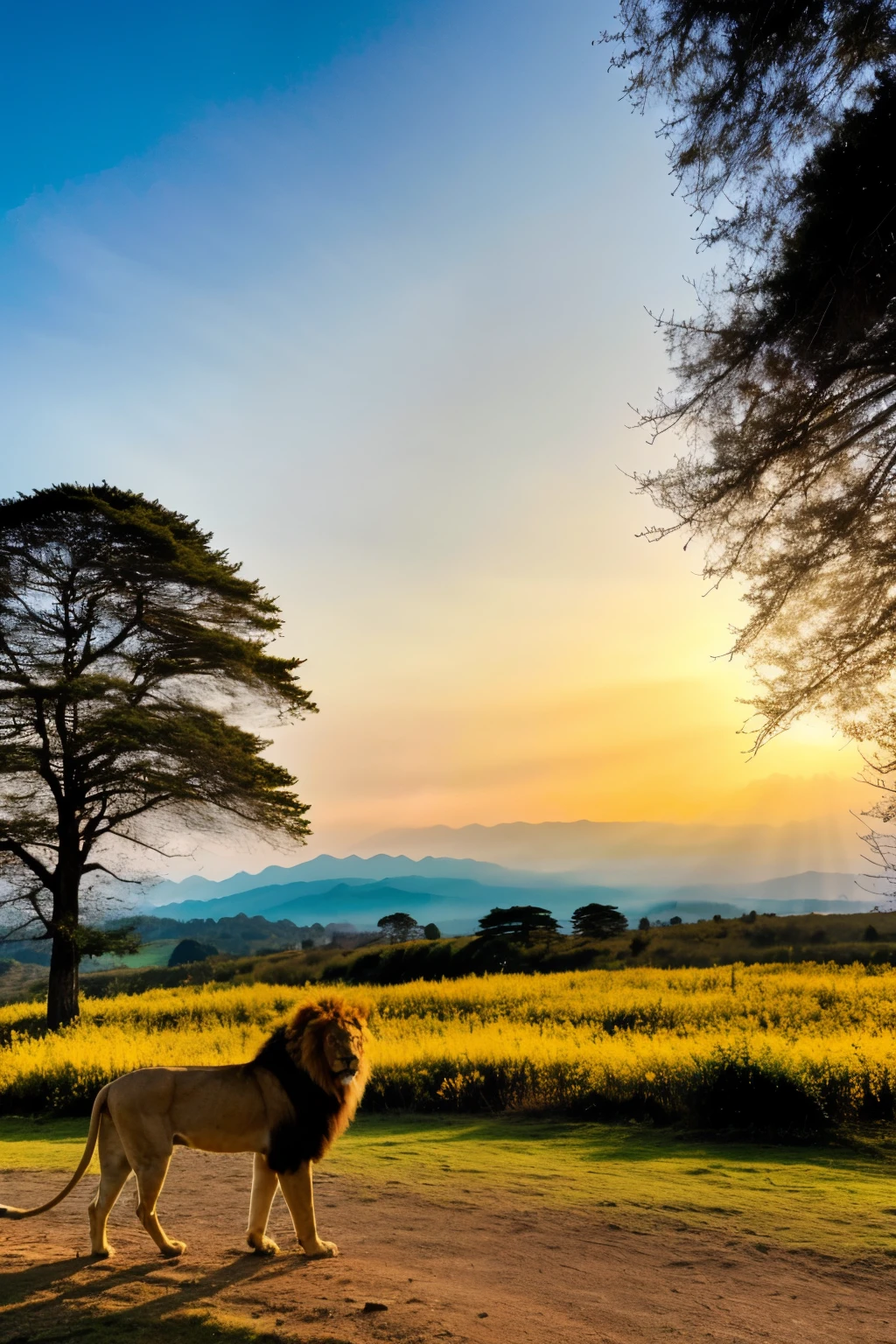 Imagine a majestic lion with golden fur, representado com detalhes brilhantes que refletem a luz do sol. He is standing on a stone eminence, with the background being a vast horizon at dusk, where the sky mixes in shades of orange, rosa e roxo.

The lion has a noble and imposing posture, sua juba luxuosa ondulando ao vento, com cada fio de pelo parecendo feito de puro ouro. Your eyes are intense and penetrating, irradiando sabedoria, coragem e realeza. Around your head, there is a crown of radiant light, which is not physics, mas composta de pura energia luminosa. Essa coroa brilha intensamente, with rays of golden and white light that spread in all directions, creating a divine aura around the lion.

On the ground around the lion, golden flowers begin to bloom, reflecting the light from the crown and adding a magical touch to the scene. The surrounding environment is serene and sacred, with the presence of the lion conveying a feeling of protection, authority and benevolence.

Ao fundo, the silhouette of distant mountains and tall trees blends with the colorful sky, creating a setting that exudes grandeur and tranquility. The air is filled with a sense of stillness and reverence, as if all of nature was paying homage to the majesty of the lion.

The entire image conveys a powerful sense of royalty, divindade e serenidade, capturing the essence of the golden lion as a symbol of strength, sabedoria e luz divina.