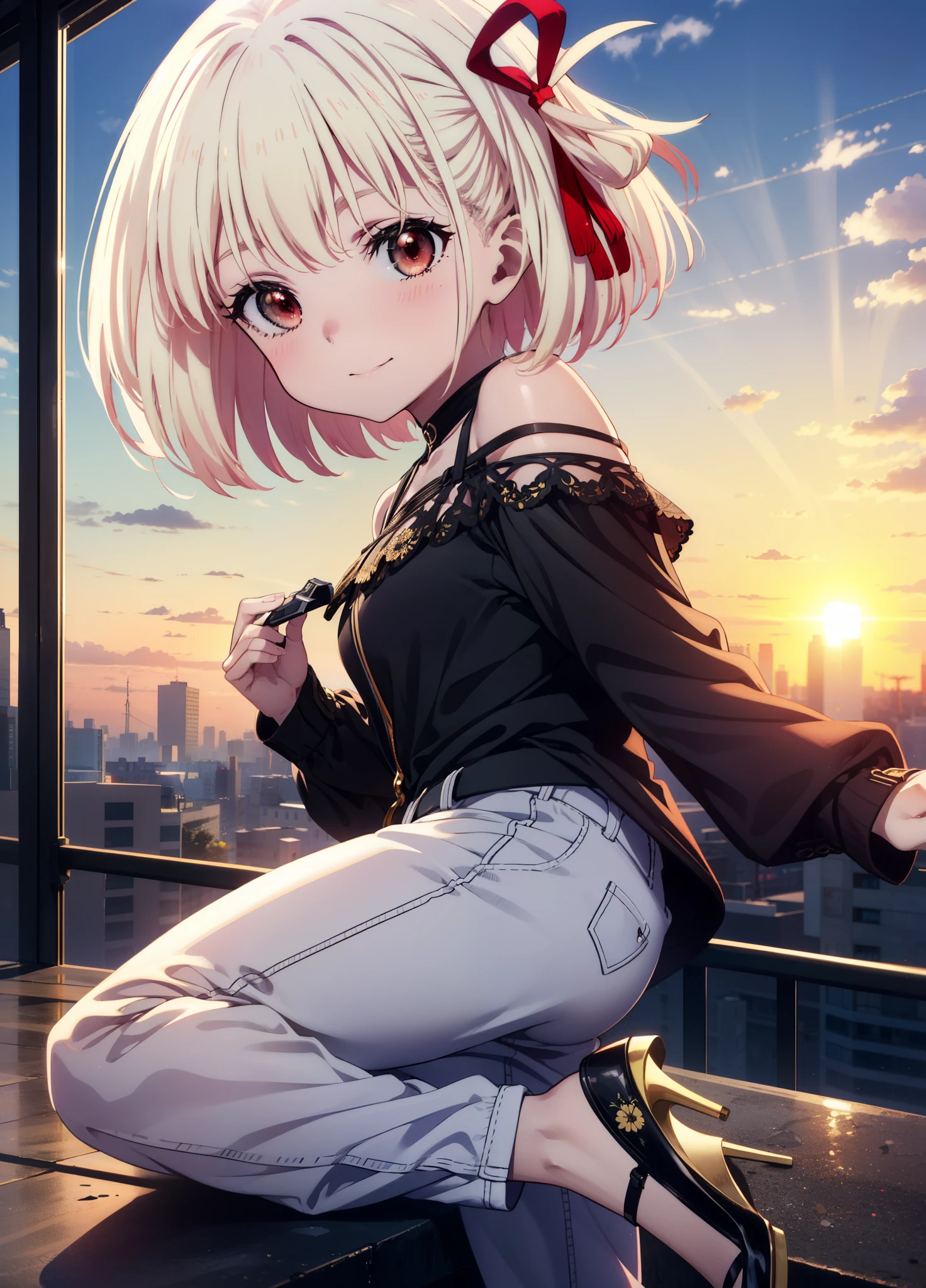 chisatonishikigi, Chisato Nishikigi, short hair, bangs, Blonde Hair, (Red eyes:1.5), Hair Ribbon, One side up, Bobcut,smile,blush,
Cord off-shoulder top,Short sleeve,skinny pants,Stiletto heels,morning,morning陽,The sun is rising,walking,whole bodyがイラストに入るように,
break outdoors, 公園
break looking at viewer, whole body,
break (masterpiece:1.2), highest quality, High resolution, unity 8k wallpaper, (shape:0.8), (Beautiful details:1.6), Highly detailed face, Perfect lighting, Extremely detailed CG, (Perfect hands, Perfect Anatomy),