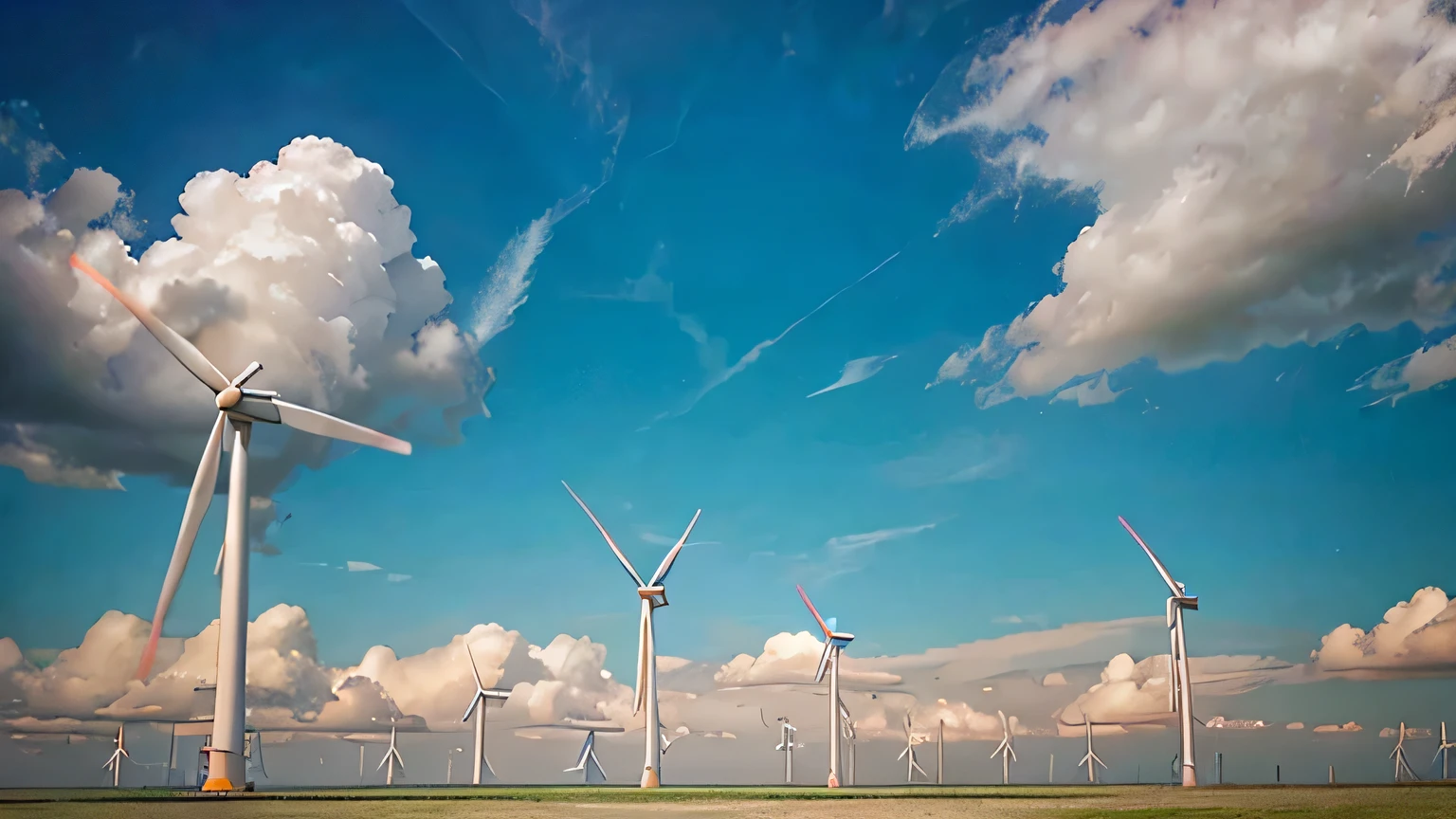 Sustainable energy: a field of wind turbines generating clean energy with a bright blue sky and fluffy clouds in the background.