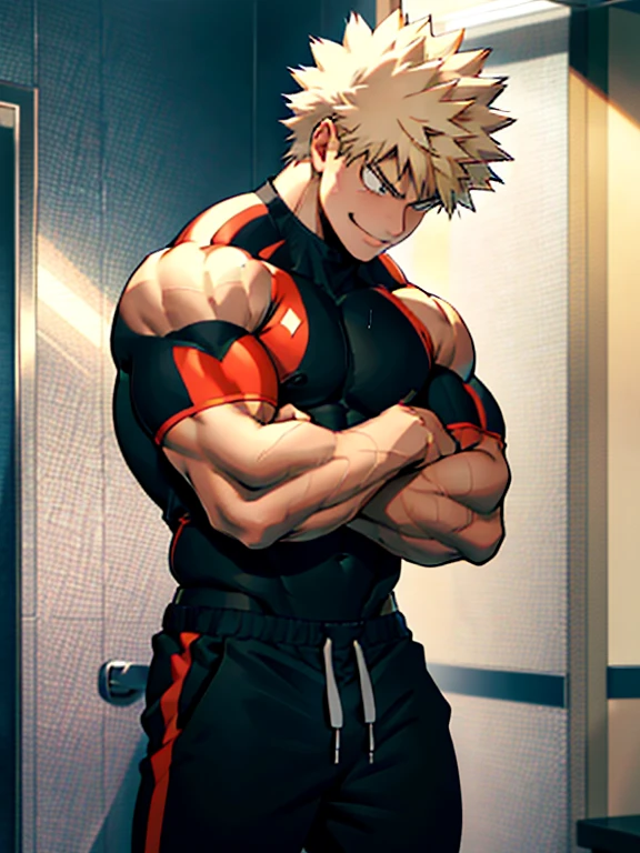 Two Bakugo Katsuki《My Hero Academia》, Wear black sweatpants，Topless, Smile, bodybuilder body, definition,  muscular，super muscles，Big abdominal muscles，－A personal hug makes a person