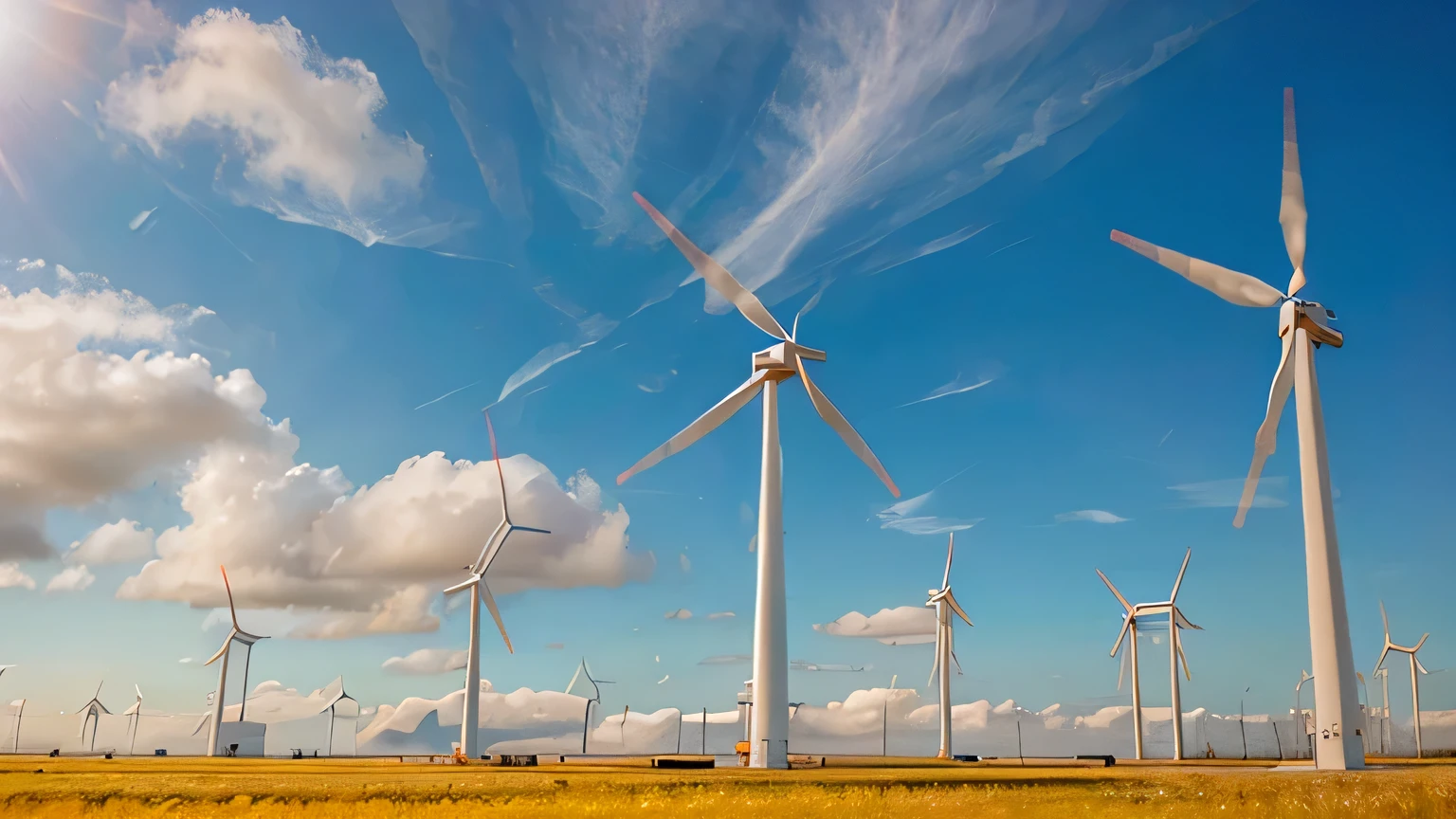 Sustainable energy: a field of wind turbines generating clean energy with a bright blue sky and fluffy clouds in the background.