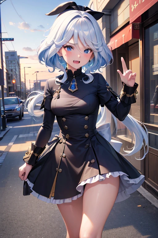 (highest quality,4K,High resolution,masterpiece:1.2),Very detailed,Beautiful details, Teenage body,Expressions of joy,Furina character, 16-year-old teenager, Embarrassed,Walking around the city, Shiny Hair,
armpits