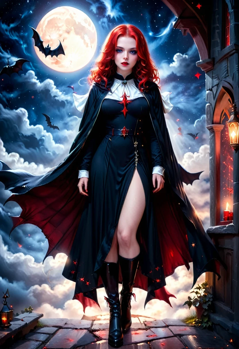 a picture of an exquisite beautiful female nun vampire standing under the starry night sky on the porch of her monastery, ultra feminine, (pale skin: 1.3), red hair, wavy hair, dynamic eyes color, cold eyes, glowing eyes, intense eyes, dark red lips, ((fangs: 1.1)), wearing (white nun tight וuniform: 1.3), wearing (blue cloak: 1.3), long cloak, flowing cloak, wearing (high heeled boots: 1.3), sky full of stars background, moon, bats flying about, action shot, high details, best quality, 16k, ((ultra detailed: 1.5)), masterpiece, best quality, portrait shot, photorealism, dark fantasy art, gothic art, many stars, sense of dread, GlowingRunesAI_red, Cinematic Hollywood Film style, ((no nudity: 1.5))