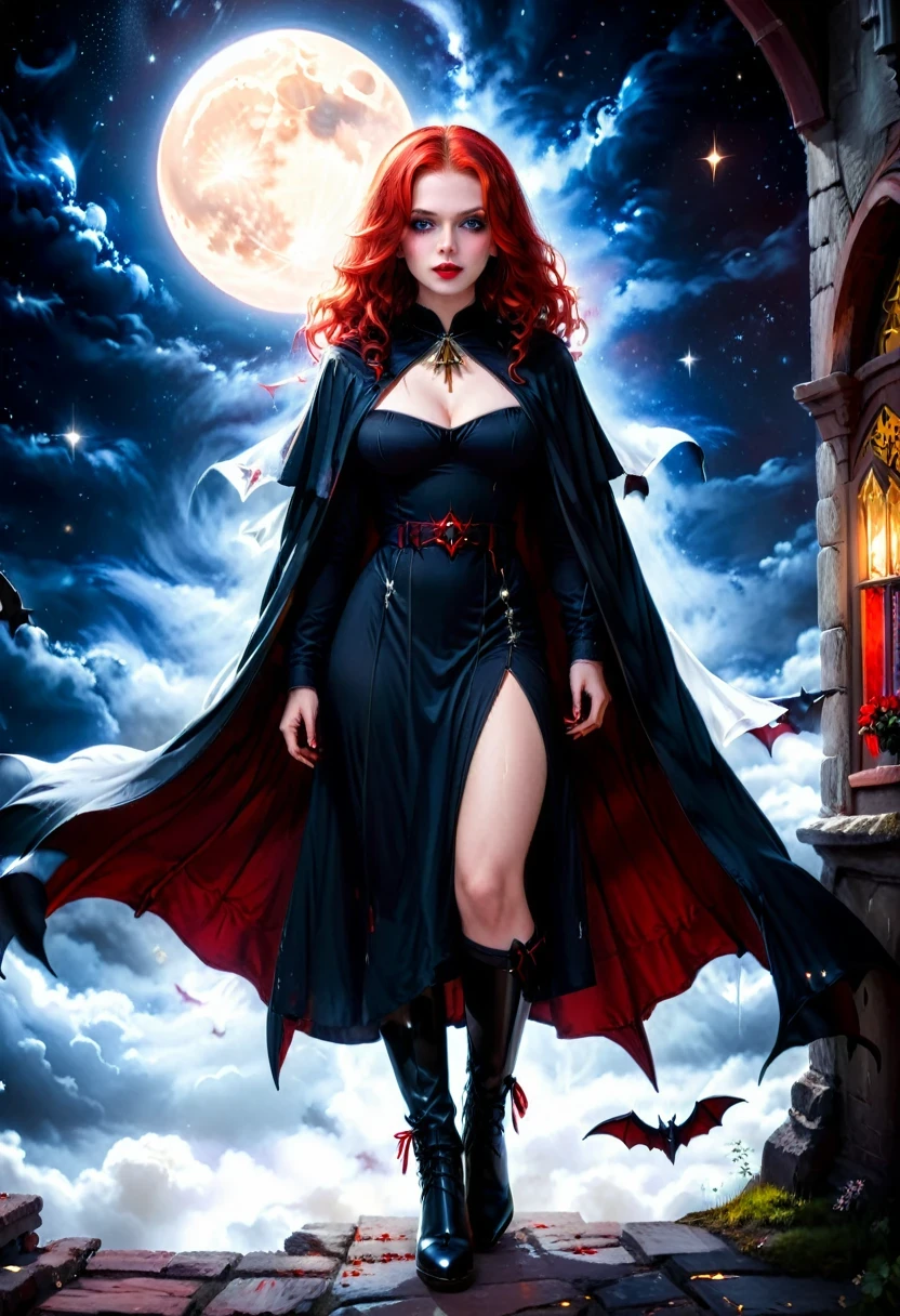 a picture of an exquisite beautiful female nun vampire standing under the starry night sky on the porch of her monastery, ultra feminine, (pale skin: 1.3), red hair, wavy hair, dynamic eyes color, cold eyes, glowing eyes, intense eyes, dark red lips, ((fangs: 1.1)), wearing (white nun tight וuniform: 1.3), wearing (blue cloak: 1.3), long cloak, flowing cloak, wearing (high heeled boots: 1.3), sky full of stars background, moon, bats flying about, action shot, high details, best quality, 16k, ((ultra detailed: 1.5)), masterpiece, best quality, portrait shot, photorealism, dark fantasy art, gothic art, many stars, sense of dread, GlowingRunesAI_red, Cinematic Hollywood Film style, ((no nudity: 1.5))