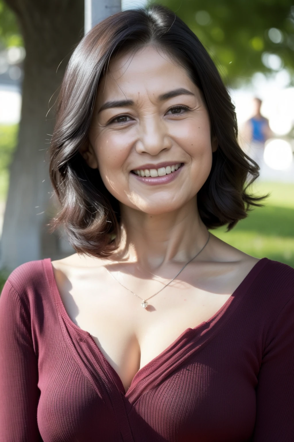 最high quality, In 8K, Masseter muscle area, Lifelike, Sharp focus, high quality, High resolution, Detailed face, Detailed eyes, Thick lips, Background Blur, solo, Middle-aged women, , 55 years old, , Medium long wavy hair, Cleavage, Wearing a plain short-sleeved knit, Afternoon in front of the park garden, Wrinkles around the eyes, Toothy smile