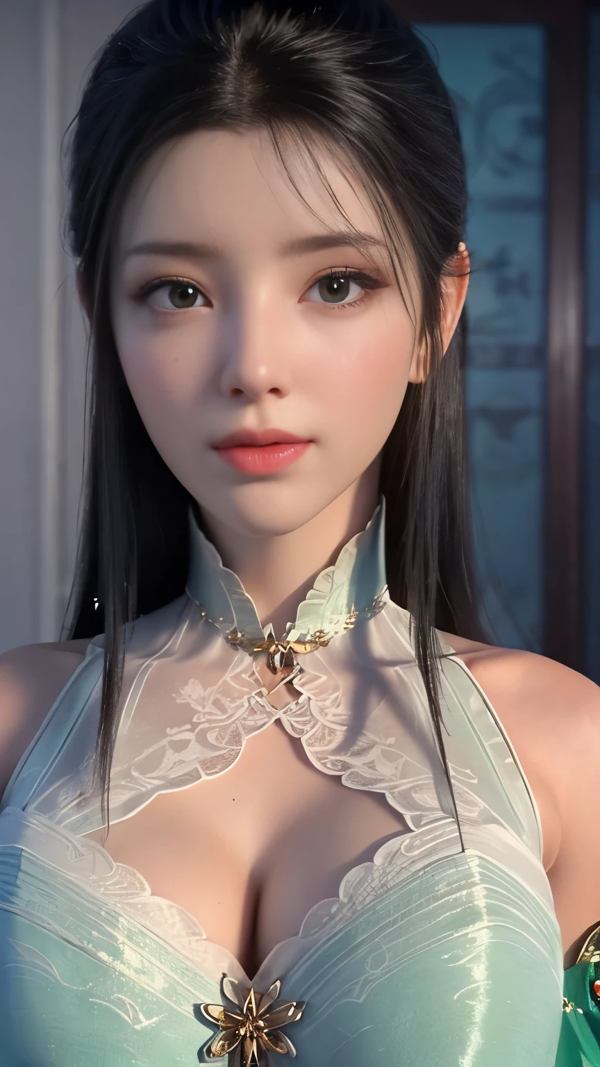 ultra realistic 8k cg, Flawless, Clean, Masterpiece, Professional artwork, Famous artwork, Cinematic lighting, Cinematic bloom, Perfect face, Beautiful chinese face, fantasy, Dreamlike, Unreal Engine 5, Science fiction, Lace, Lace trim, lace-trimmed legwear, luxury goods, jewelry, Diamond, gold, the pearl, Pedras preciosas, Sapphire, Ruby, Emerald, intricately details, Delicate pattern, Charming, Alluring, Seductive, Erotic, Enchanting, (front bangs hair:1.5), hair adornments, necklace, Earrings, Bracelet, armlets,Halo,Autumn.
((,1girll, angle of view,Best quality,)) ,((((,1girll, Solo, huge fake breasts:1.5, Goddess green dress, Half body, view the viewer, standing))))