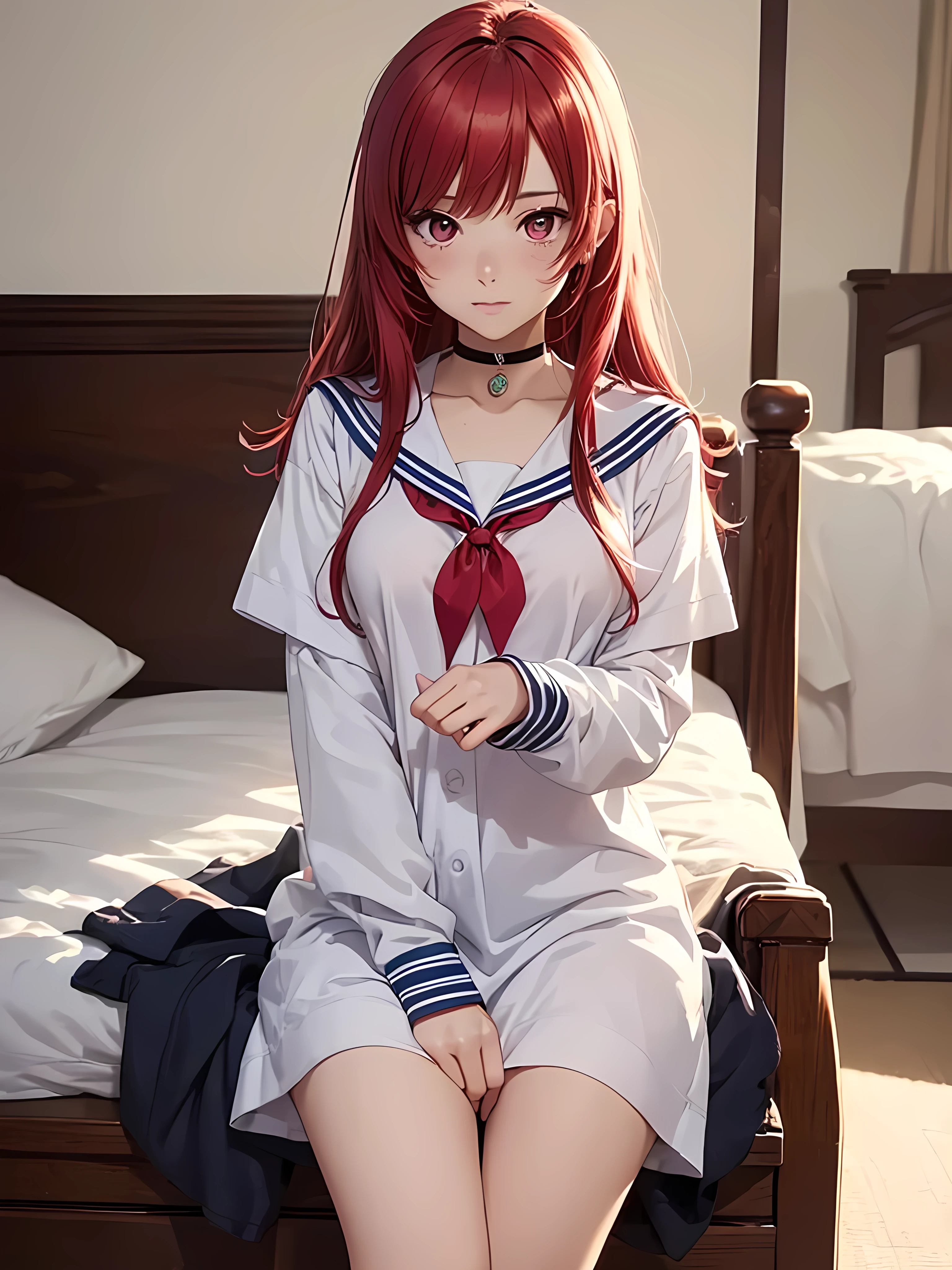 beautiful young woman, anime style, detailed face, red hair, hair down, messy hair, large eyes, pink eyes, delicate features, soft lighting, blush, wearing a choker, partially dressed in a sailor uniform, putting on sailor uniform, sexy, bedroom, cozy bedroom interior, relaxed posture, detailed background, Japanese anime style, hand-drawn, high quality, highly detailed, 8k resolution, cinematic lighting, best quality, vibrant colors