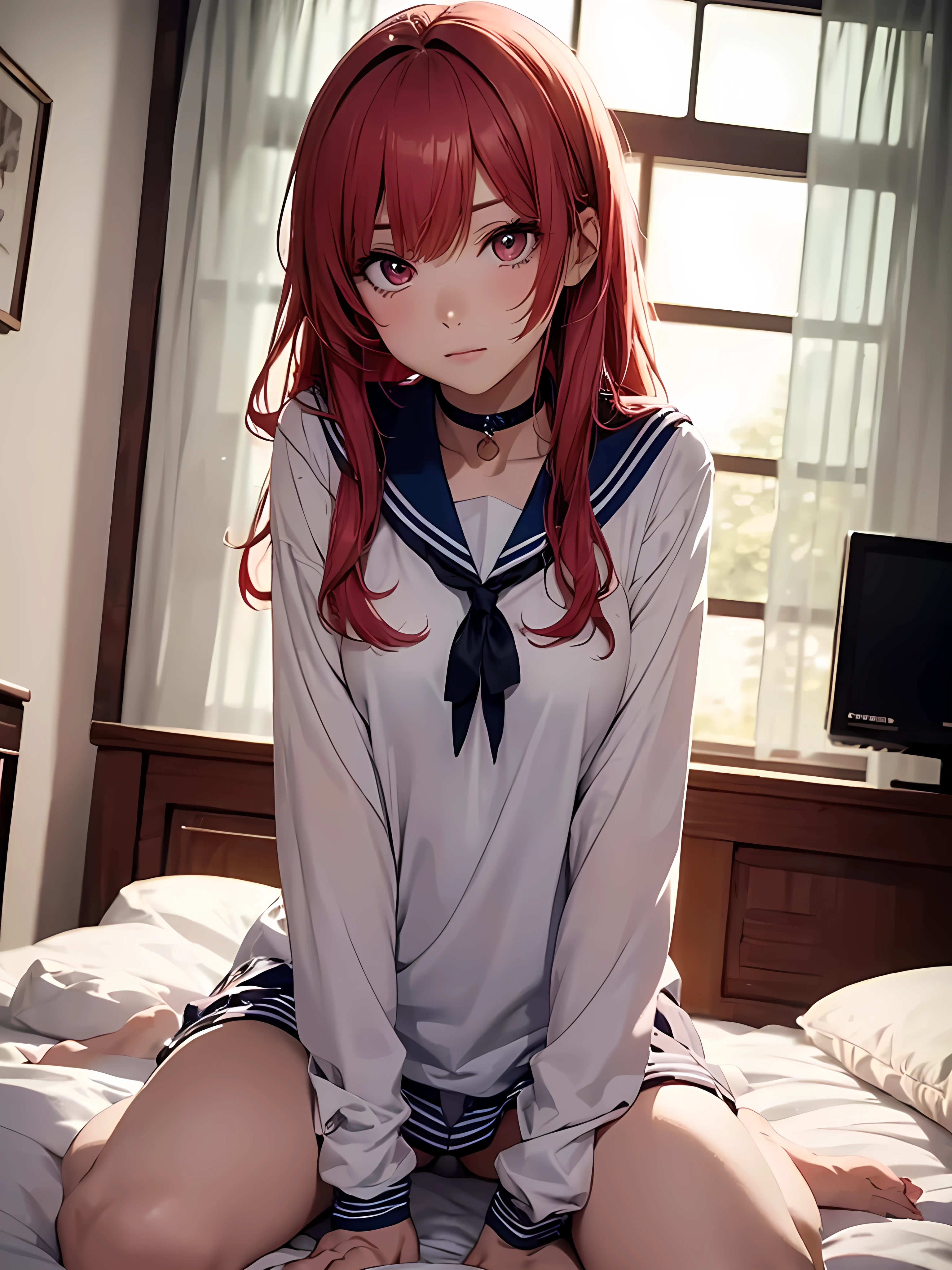 beautiful young woman, anime style, detailed face, red hair, hair down, messy hair, large eyes, pink eyes, delicate features, soft lighting, blush, wearing a choker, partially dressed in a sailor uniform, putting on sailor uniform, sexy, bedroom, cozy bedroom interior, relaxed posture, detailed background, Japanese anime style, hand-drawn, high quality, highly detailed, 8k resolution, cinematic lighting, best quality, vibrant colors