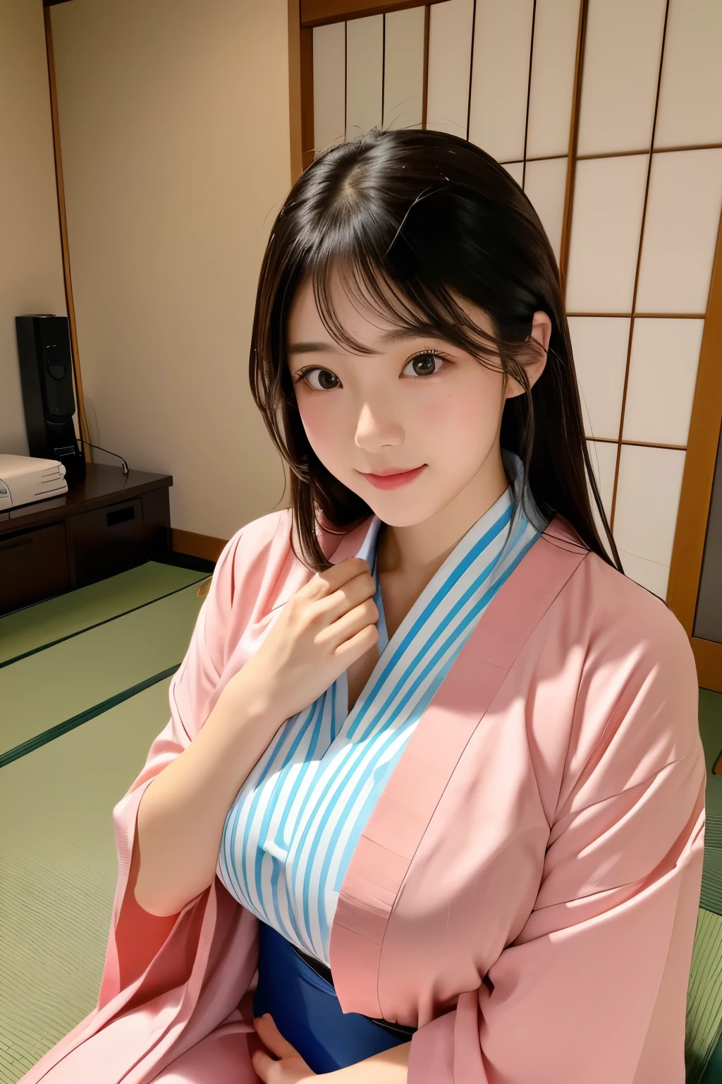 There is a woman posing for a picture in a room, wearing Japanese , Japanese girl , anime girl in real life, Japanese , Another Iwakura close-up, young gravure idol,